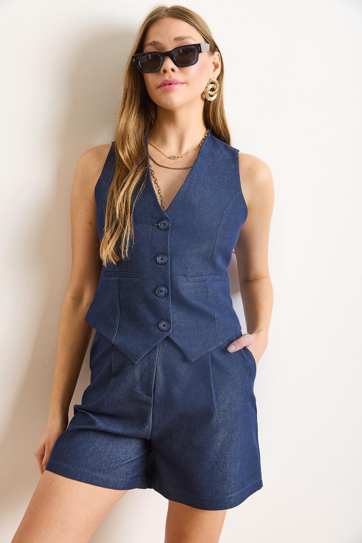 Fleto Cep Düğmeli Astarlı Denim Yelek Lacivert