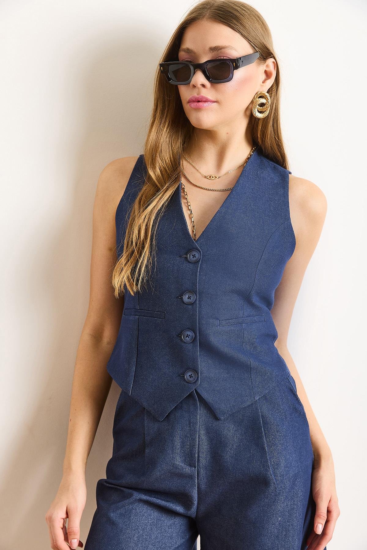 Fleto Cep Düğmeli Astarlı Denim Yelek Lacivert