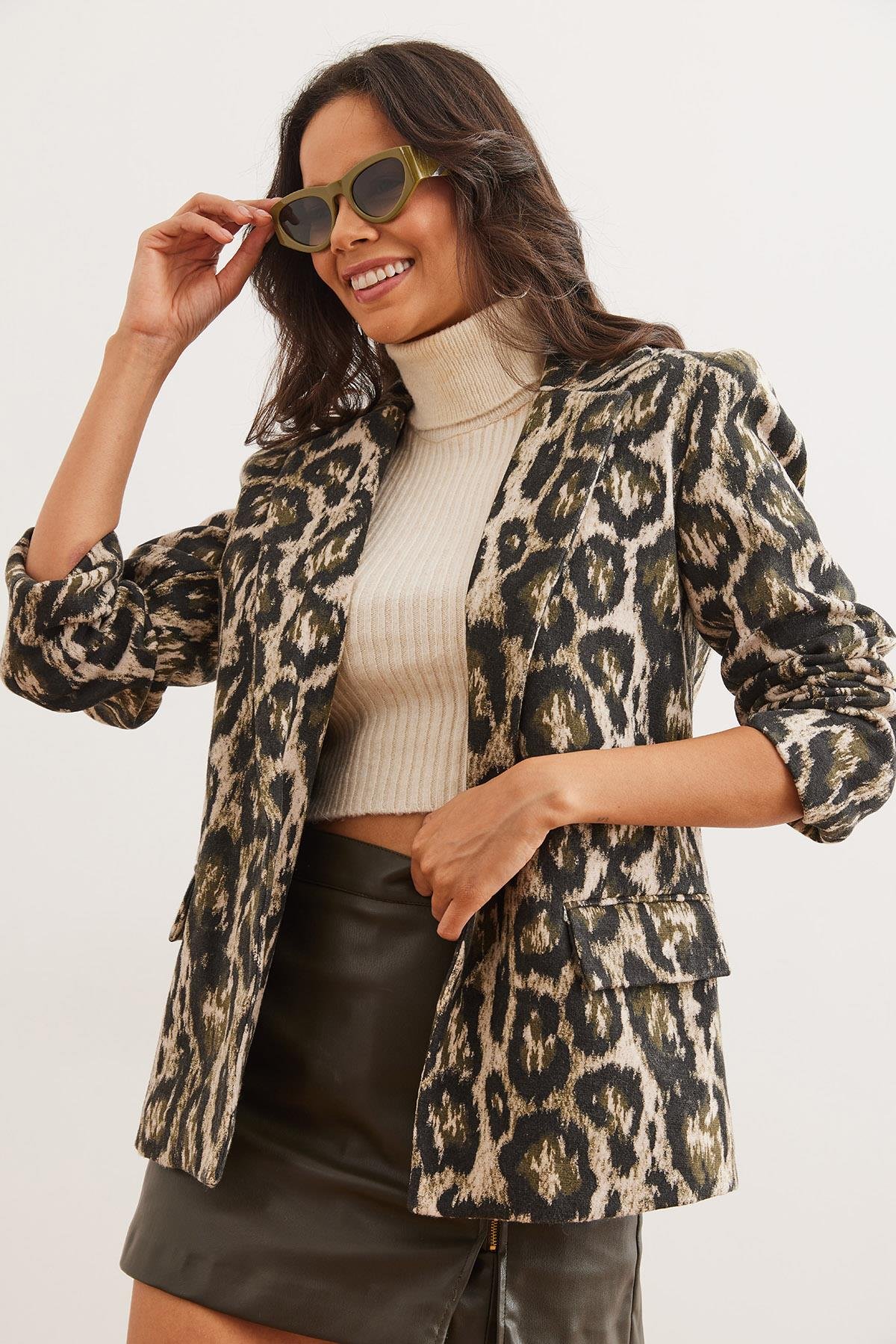 Fleto Cepli Astarlı Kaşe Blazer Ceket Haki Leopar