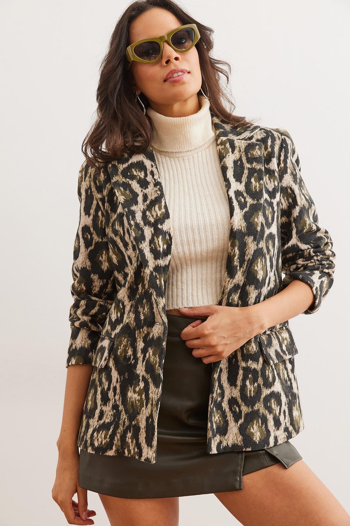 Fleto Cepli Astarlı Kaşe Blazer Ceket Haki Leopar