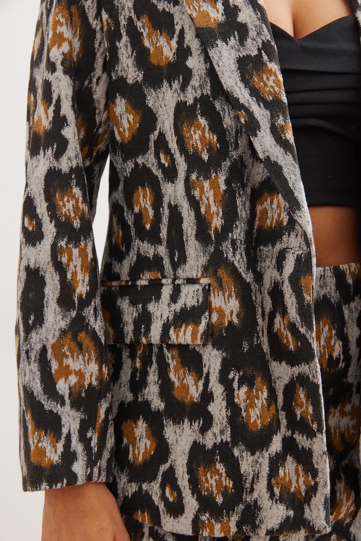 Fleto Cepli Astarlı Kaşe Blazer Ceket Gri Leopar