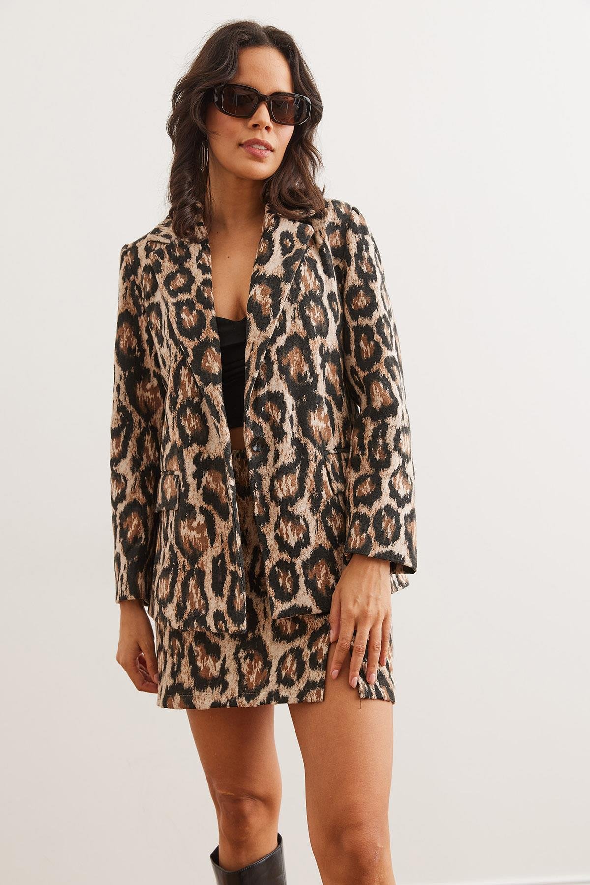 Fleto Cepli Astarlı Kaşe Blazer Ceket Camel Leopar