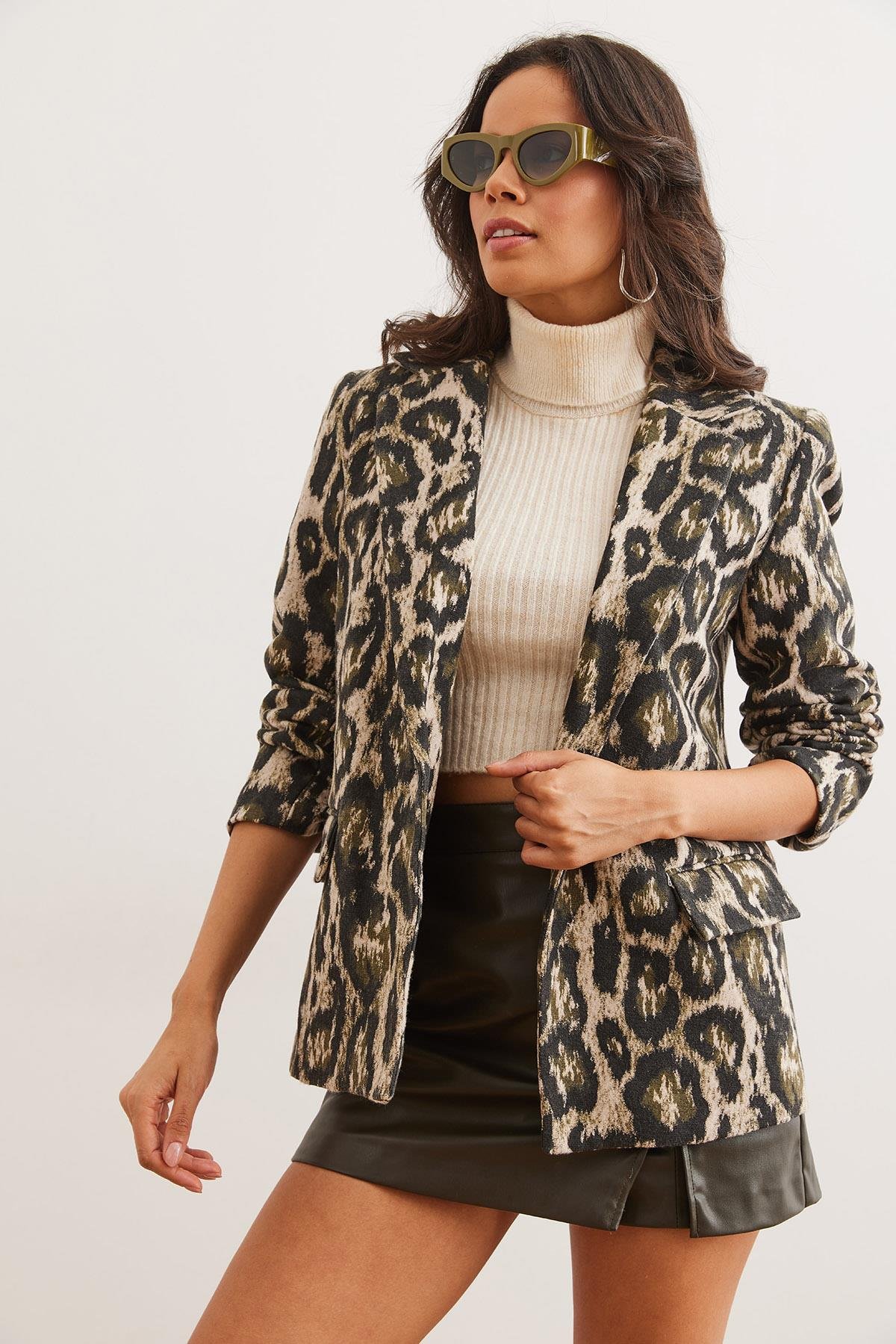 Fleto Cepli Astarlı Kaşe Blazer Ceket Haki Leopar
