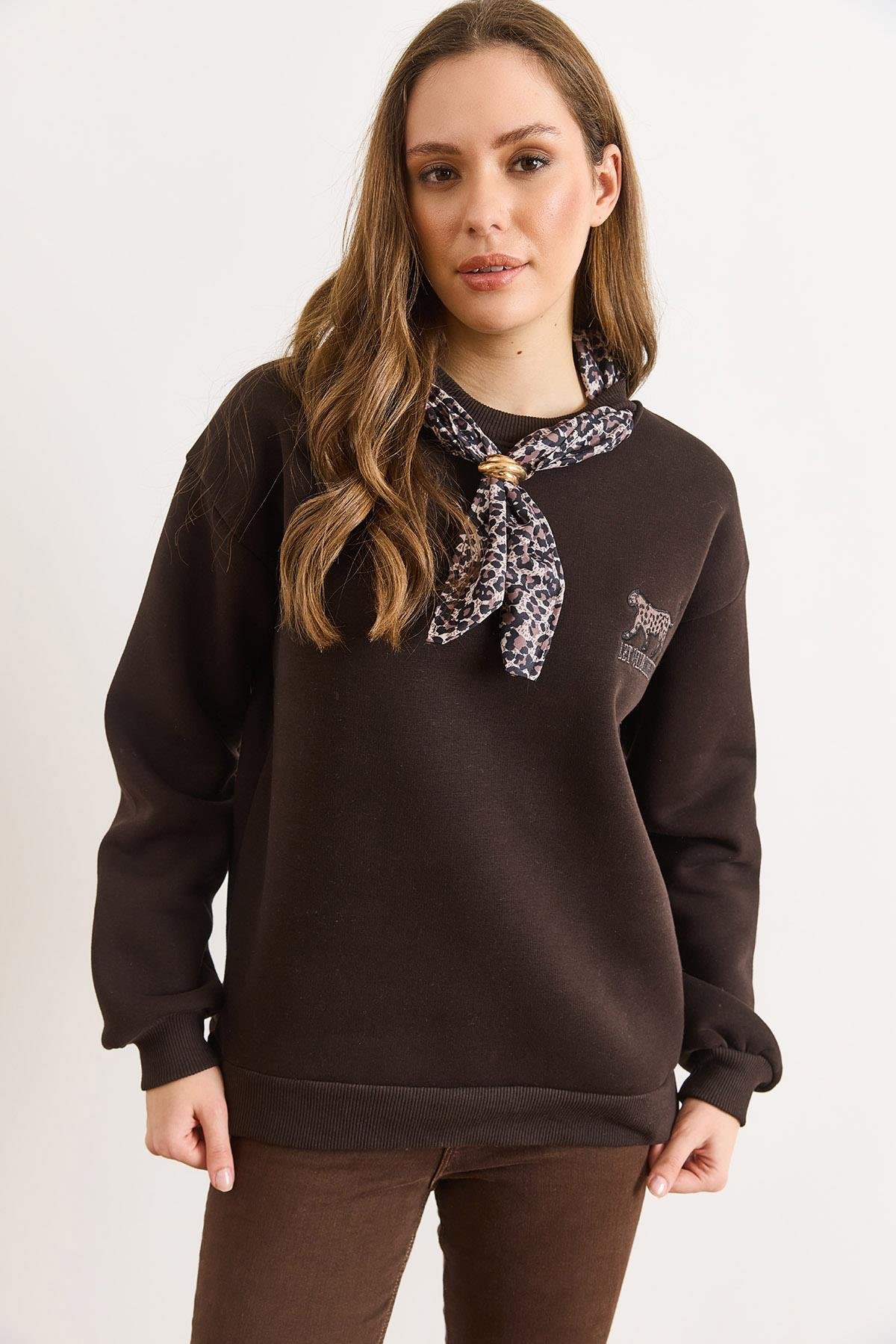 Fular Detaylı Şardonlu Sweatshirt Acı Kahve