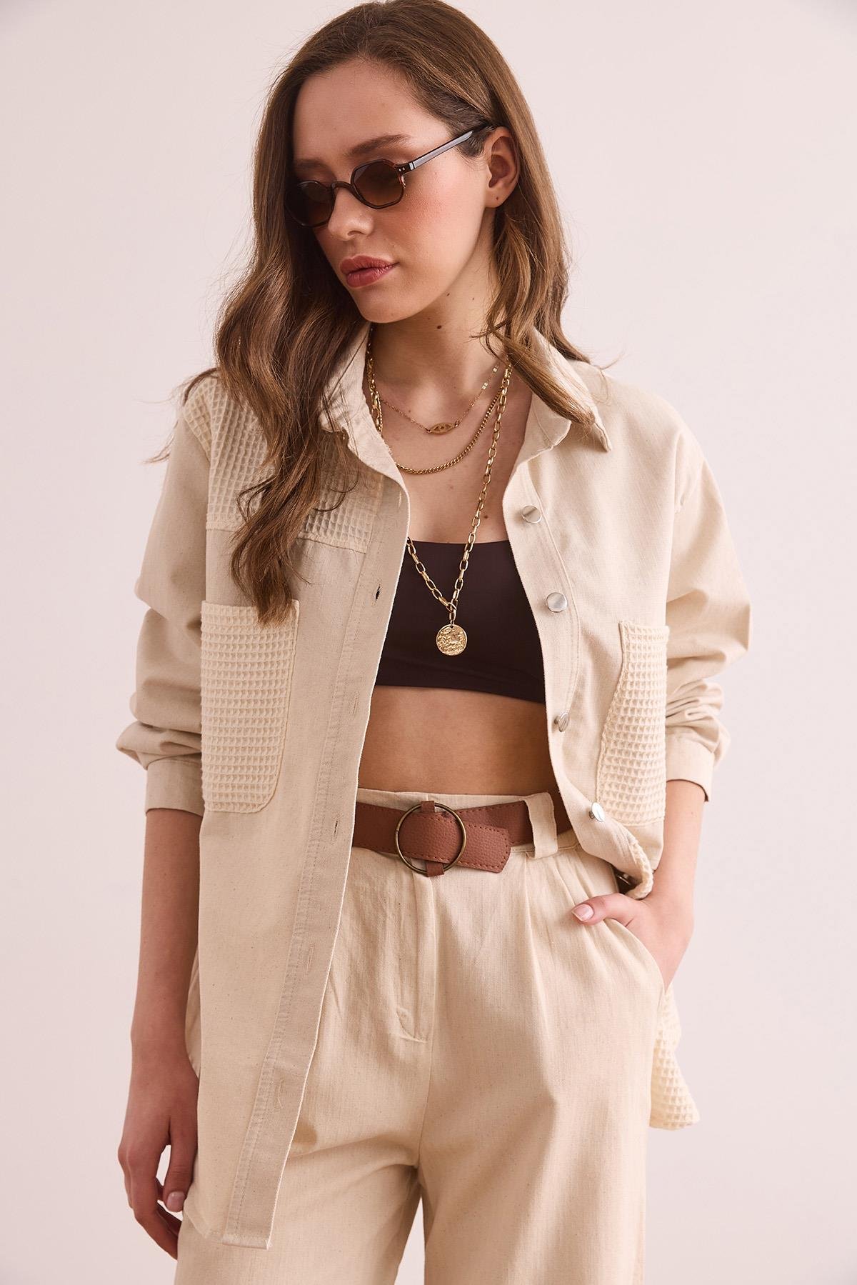Garnili Oversize Gabardin Pamuk Gömlek Ekru