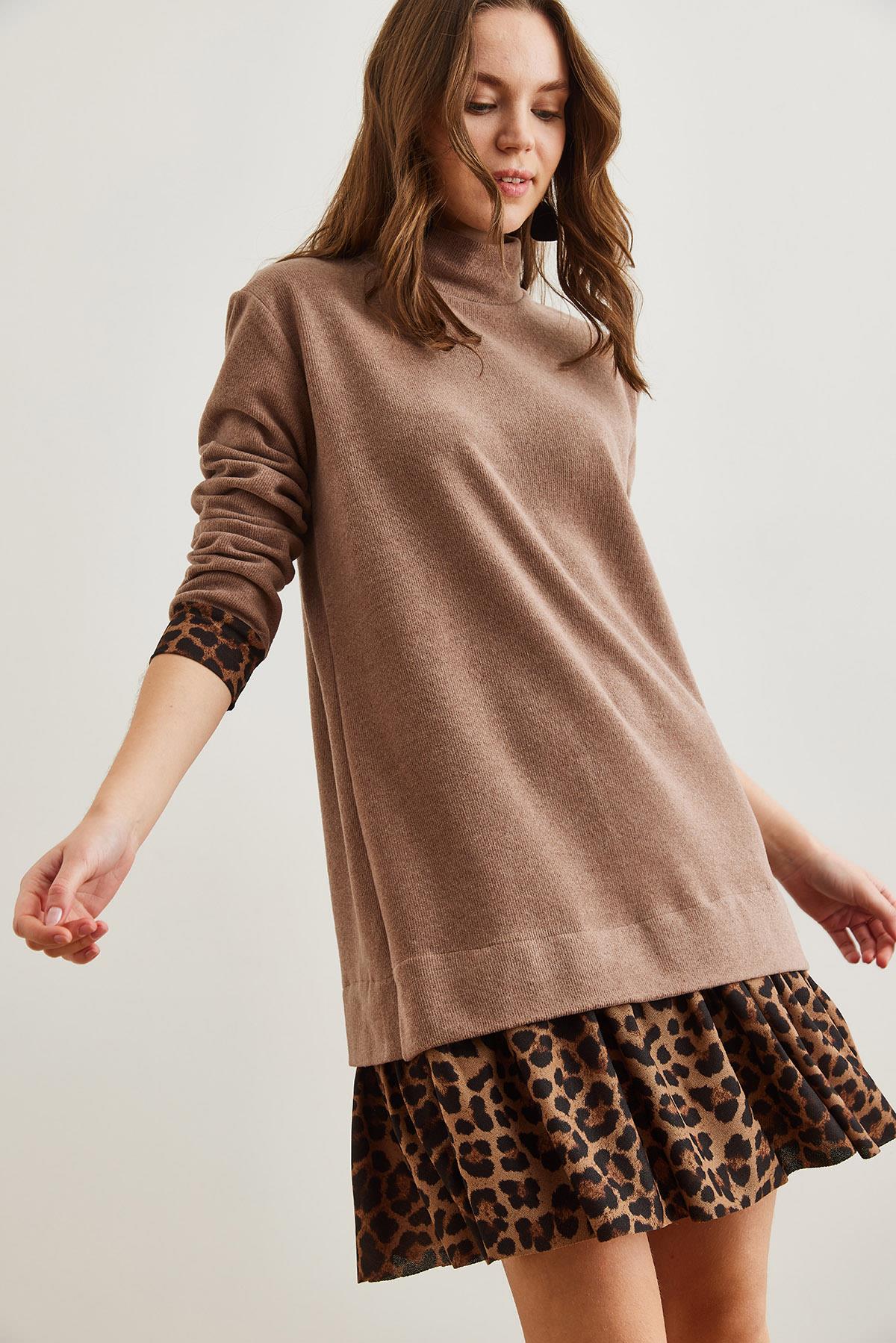 Garnili Selanik Elbise Camel Leopar
