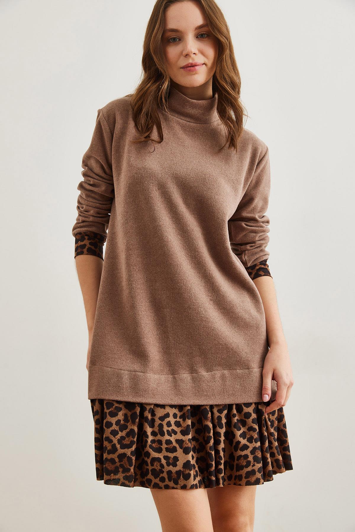 Garnili Selanik Elbise Camel Leopar