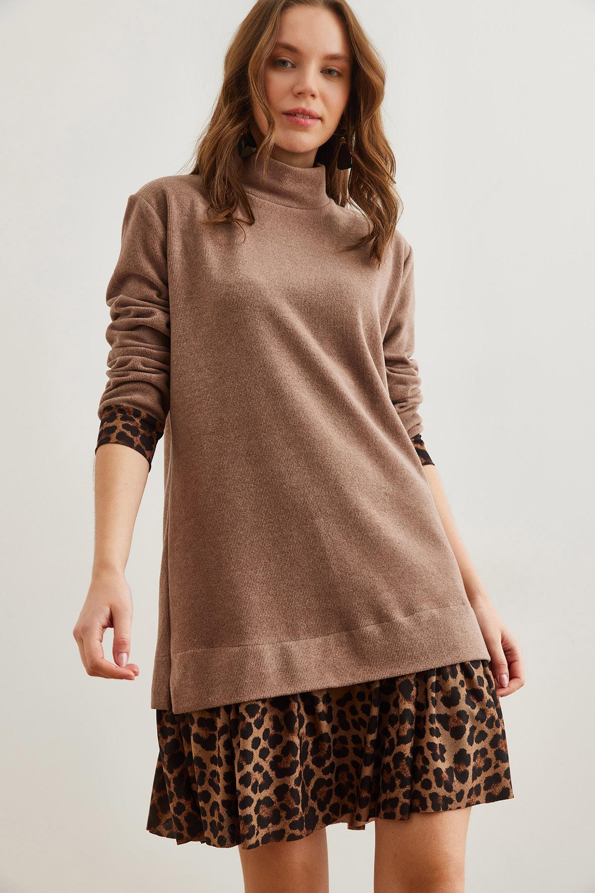 Garnili Selanik Elbise Camel Leopar