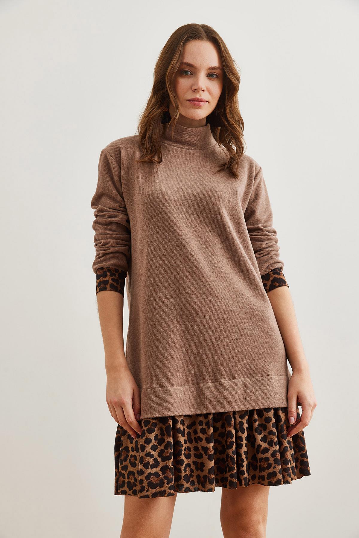Garnili Selanik Elbise Camel Leopar