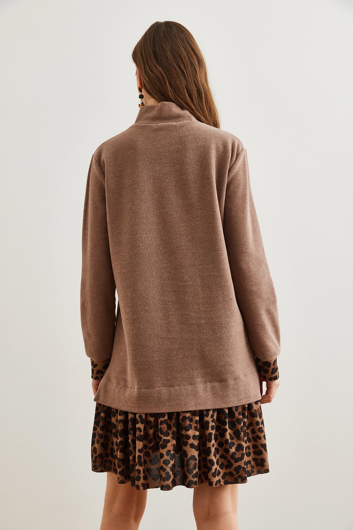 Garnili Selanik Elbise Camel Leopar