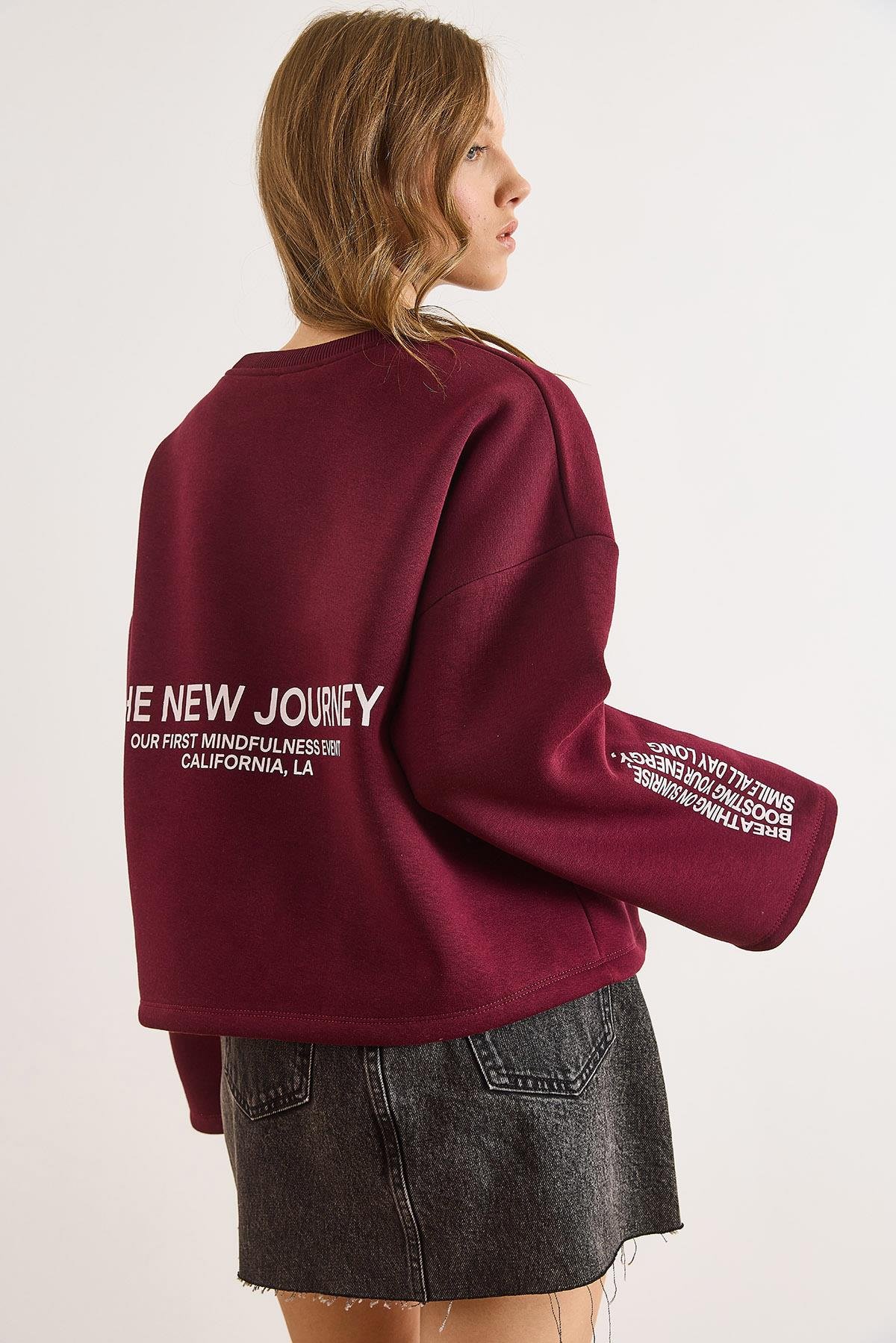 Geniş Kol Detaylı Şardonlu Oversize Sweatshirt Bordo