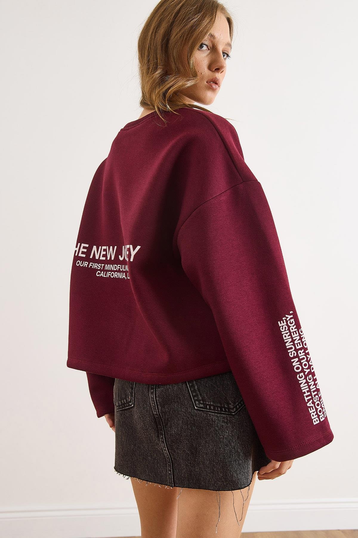 Geniş Kol Detaylı Şardonlu Oversize Sweatshirt Bordo