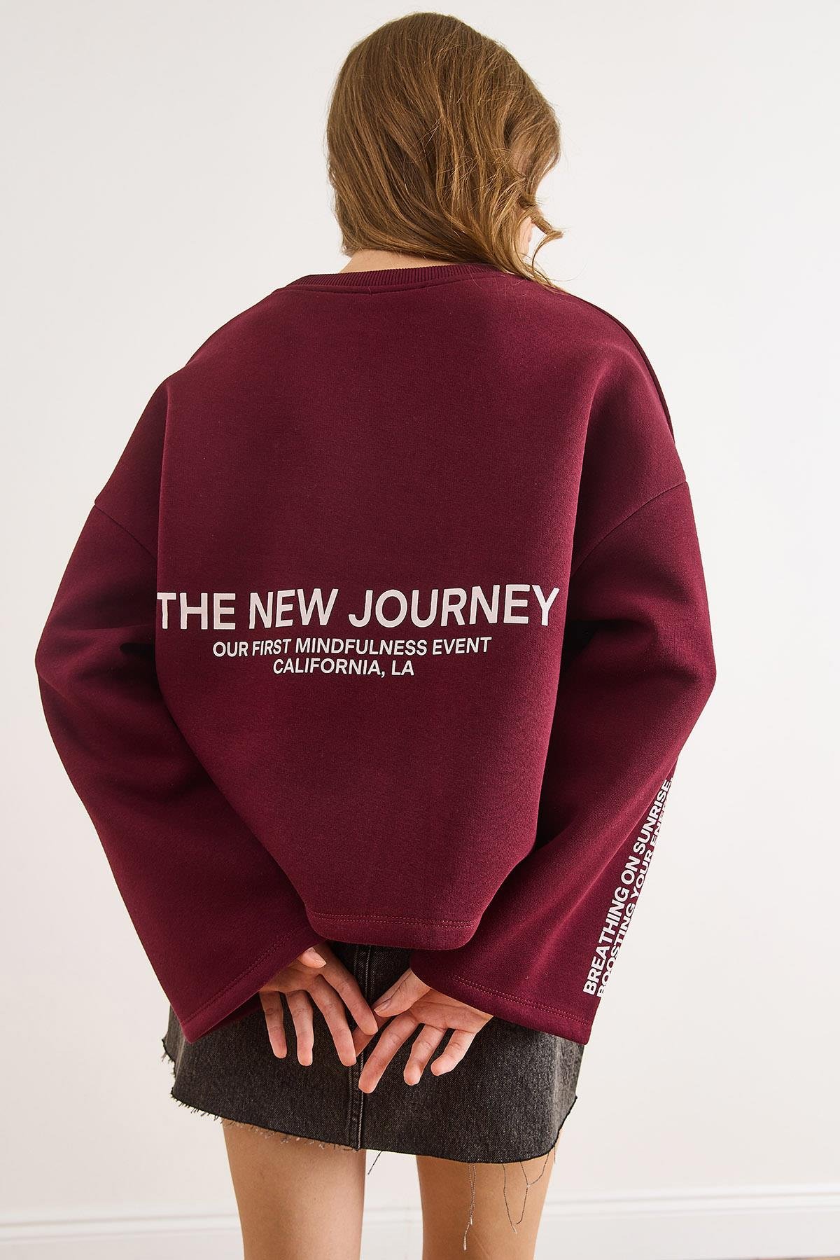 Geniş Kol Detaylı Şardonlu Oversize Sweatshirt Bordo