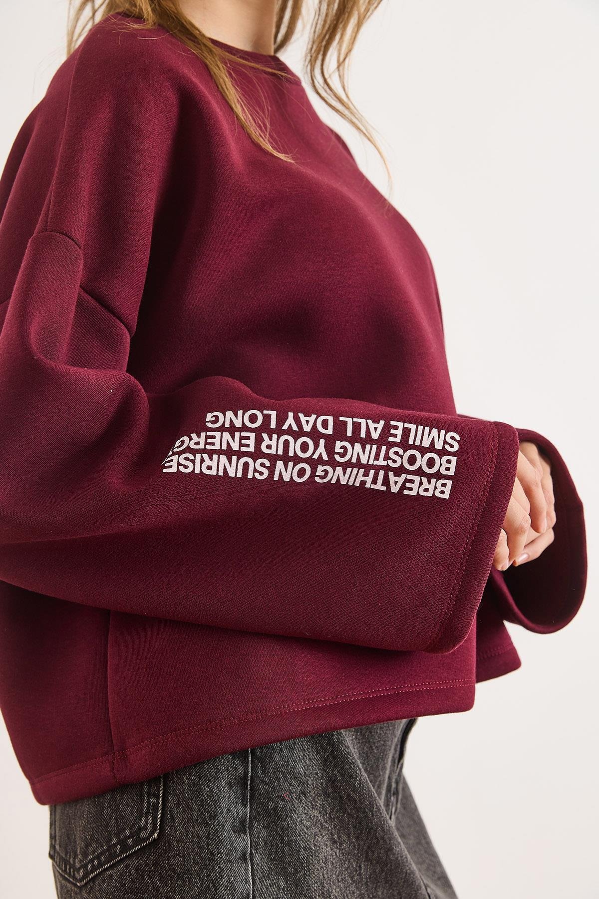 Geniş Kol Detaylı Şardonlu Oversize Sweatshirt Bordo