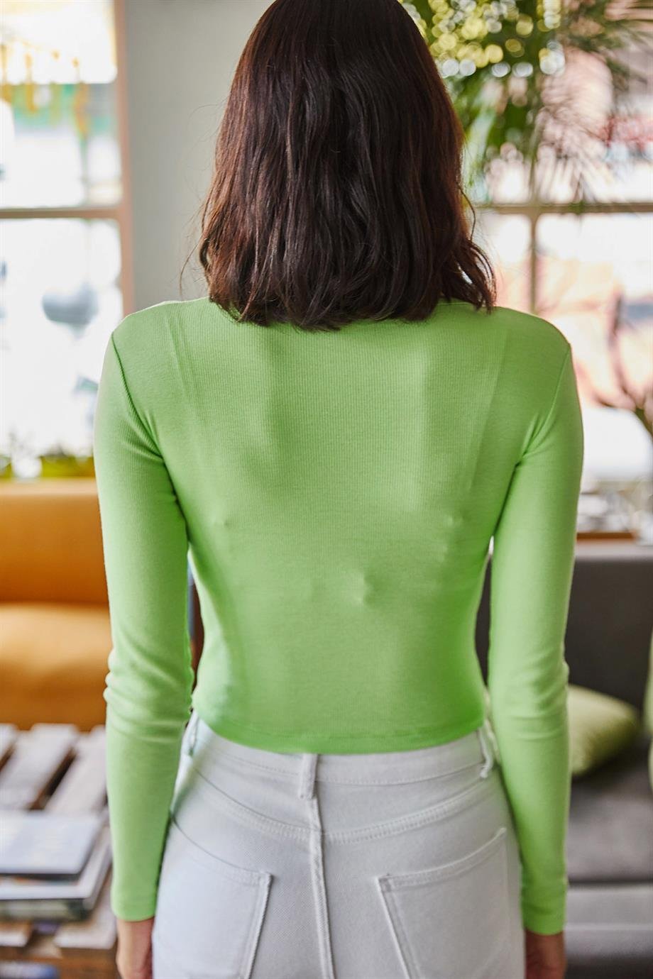 Geniş Yaka Bel Üstü Crop Body Fıstık Yeşili