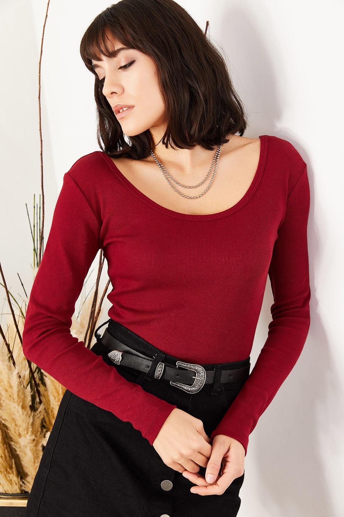 Geniş Yakalı Kaşkorse Bluz Bordo