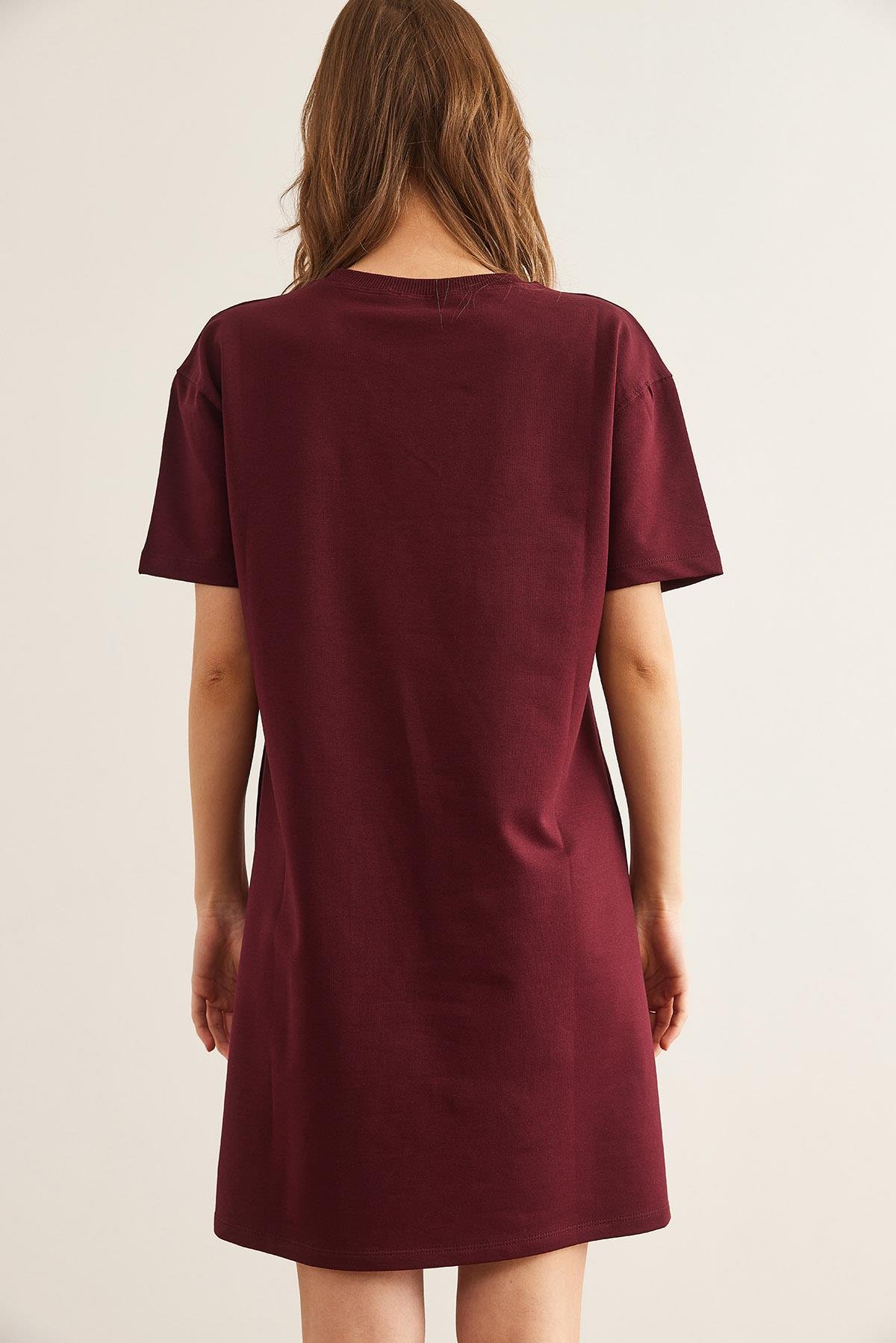 Geometrik Baskılı Tunik Elbise Bordo