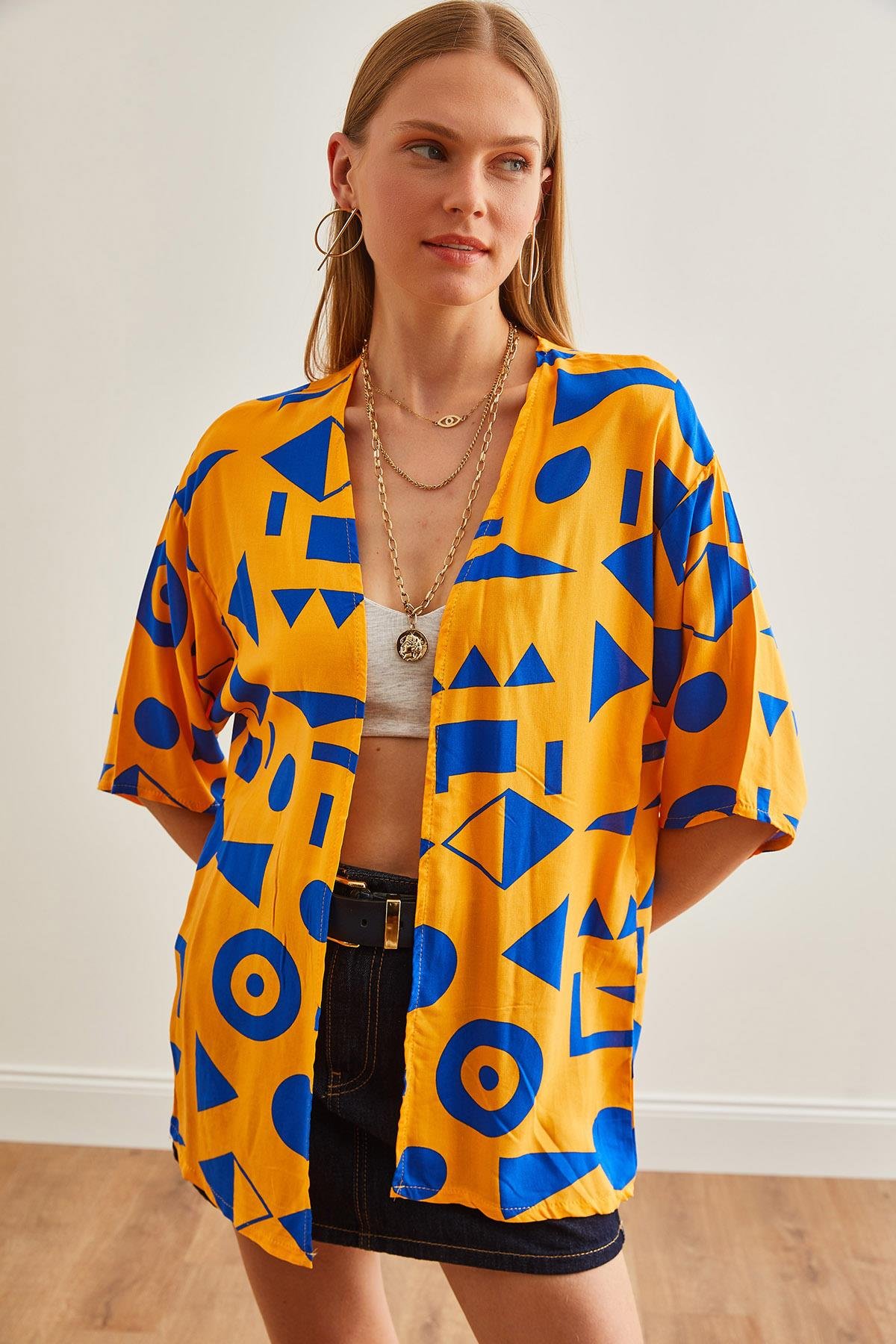 Geometrik Desenli Dokuma Viskon Kimono Sarı Mavi