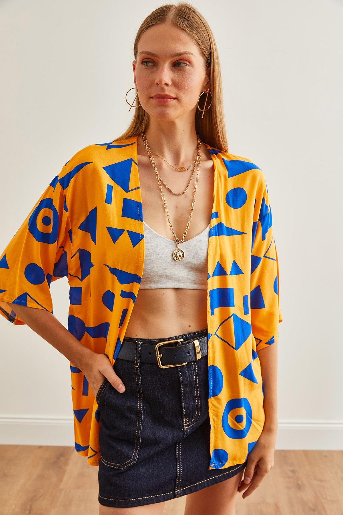 Geometrik Desenli Dokuma Viskon Kimono Sarı Mavi