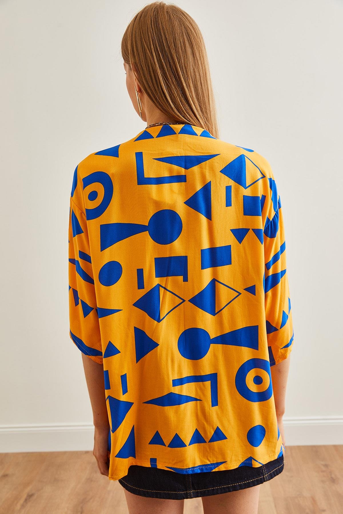 Geometrik Desenli Dokuma Viskon Kimono Sarı Mavi