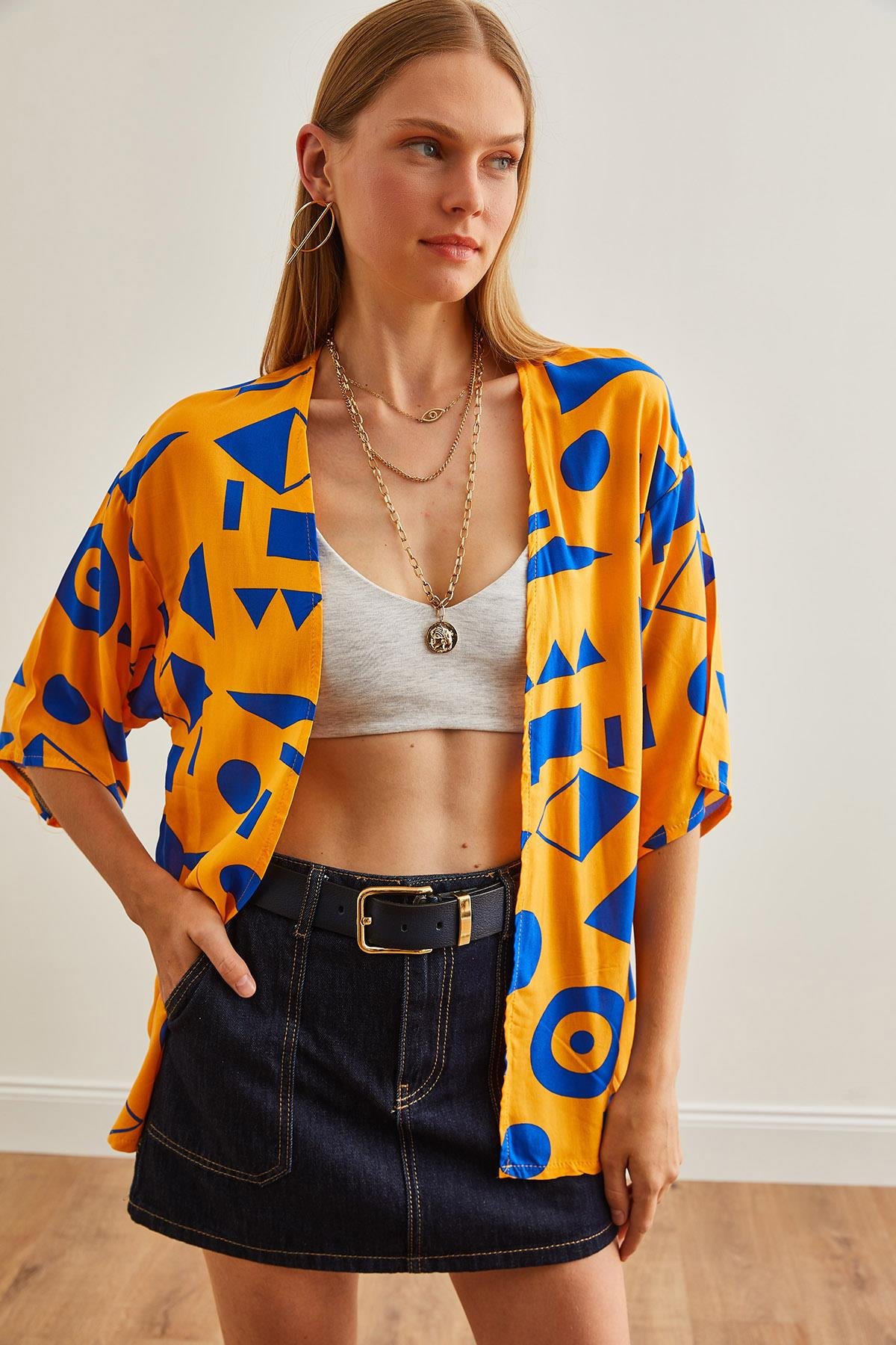 Geometrik Desenli Dokuma Viskon Kimono Sarı Mavi