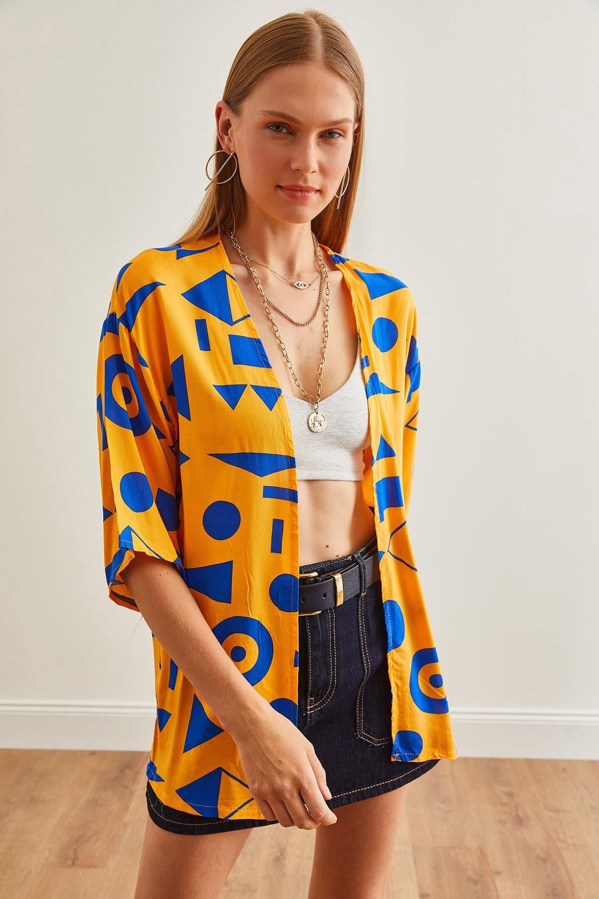 Geometrik Desenli Dokuma Viskon Kimono Sarı Mavi