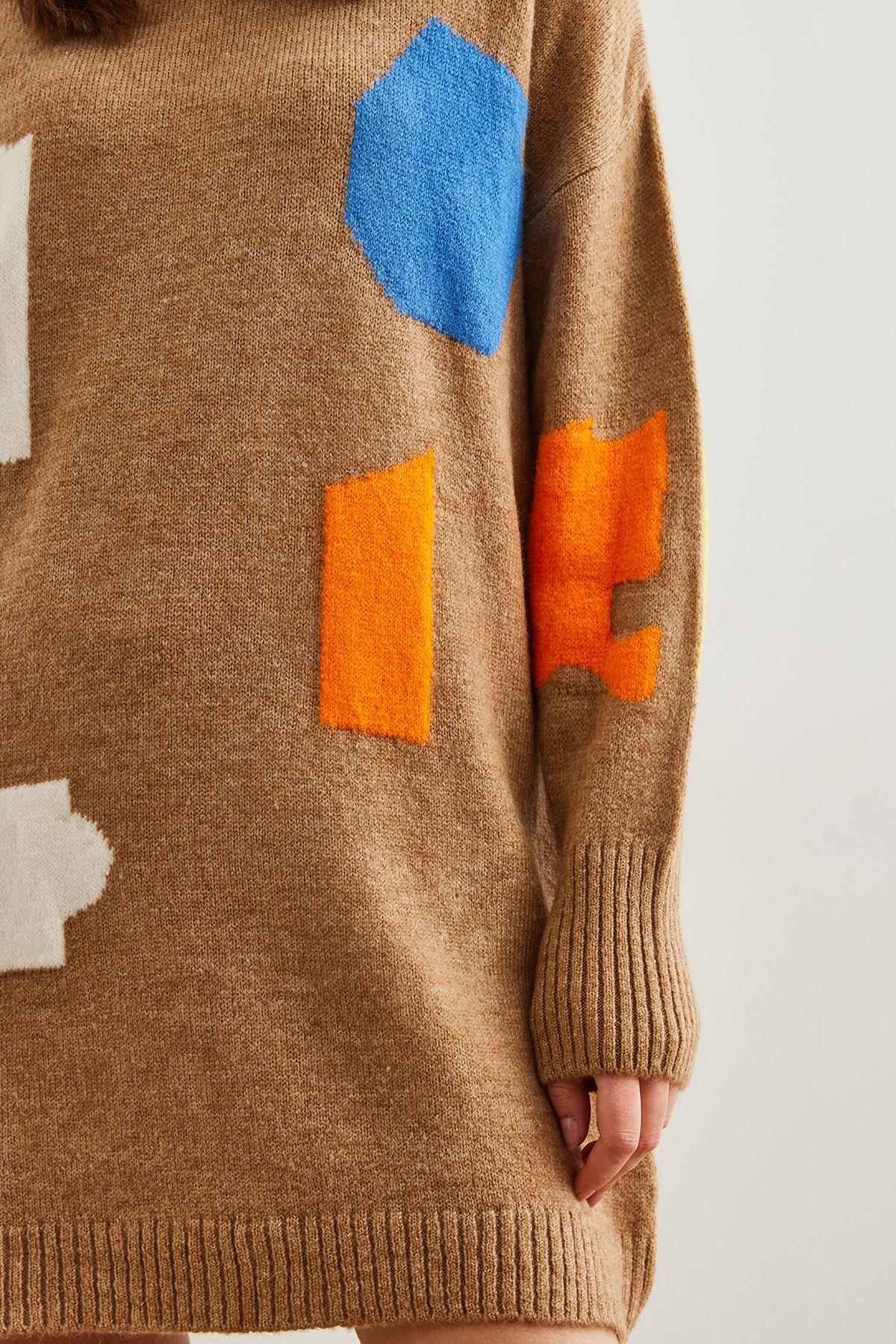 Geometrik Desenli Triko Tunik Elbise Camel