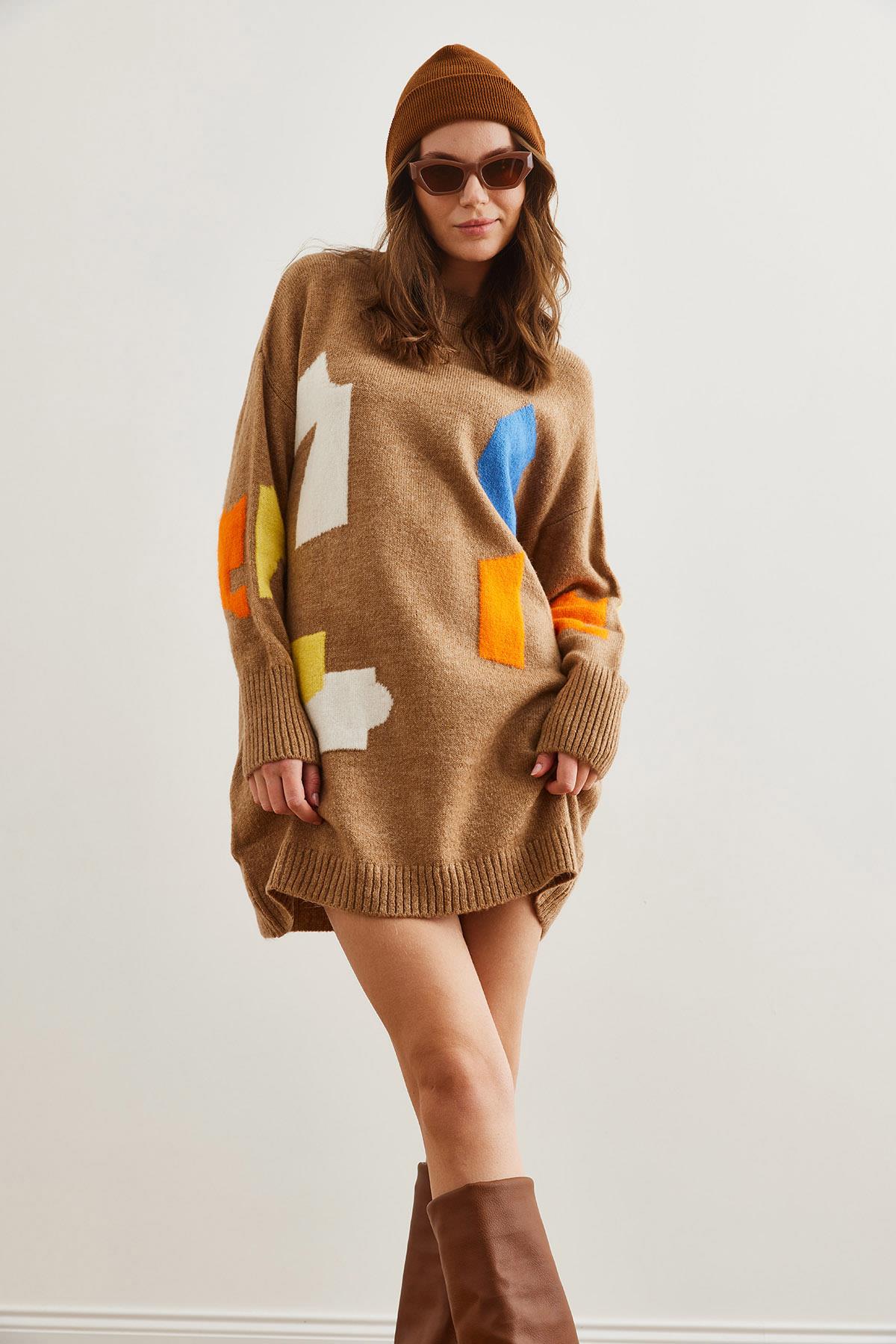 Geometrik Desenli Triko Tunik Elbise Camel