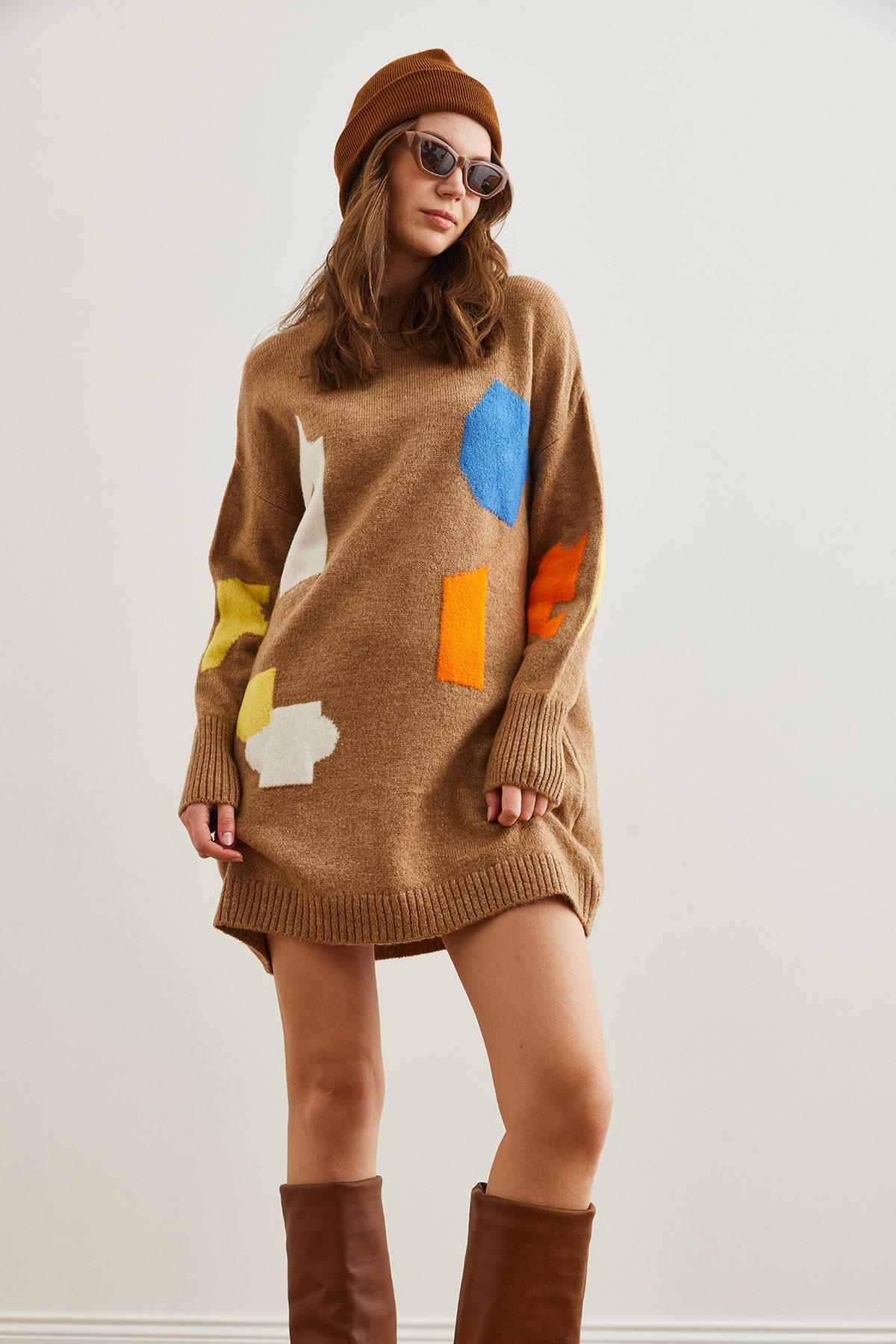 Geometrik Desenli Triko Tunik Elbise Camel
