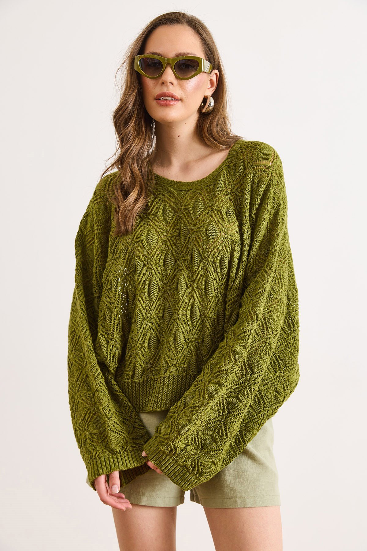Geometrik Detaylı Loose Fit Mevsimlik Triko Bluz Yağ Yeşili