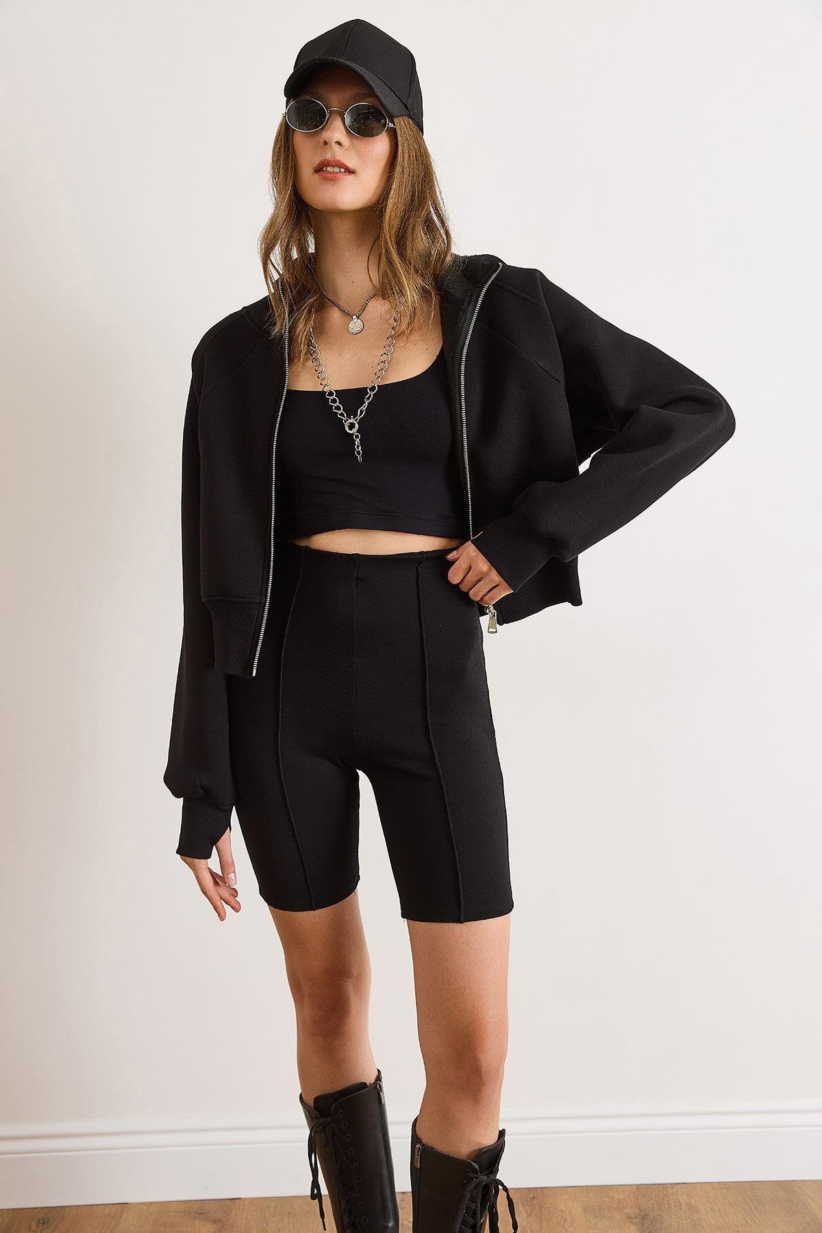 Gizli Cepli Dikiş Detaylı Şardonlu Oversize Sweatshirt Siyah