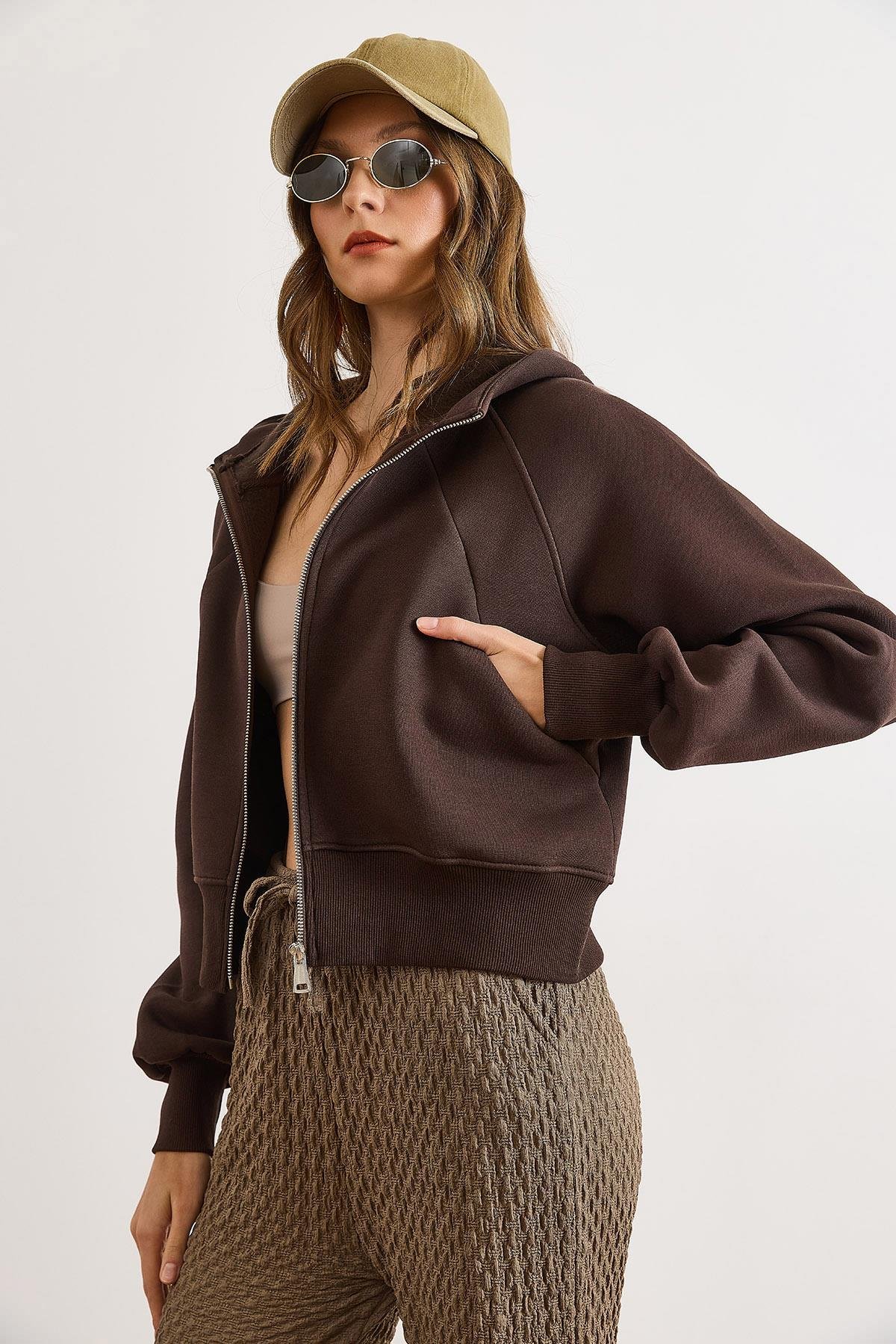 Gizli Cepli Dikiş Detaylı Şardonlu Oversize Sweatshirt Acı Kahve