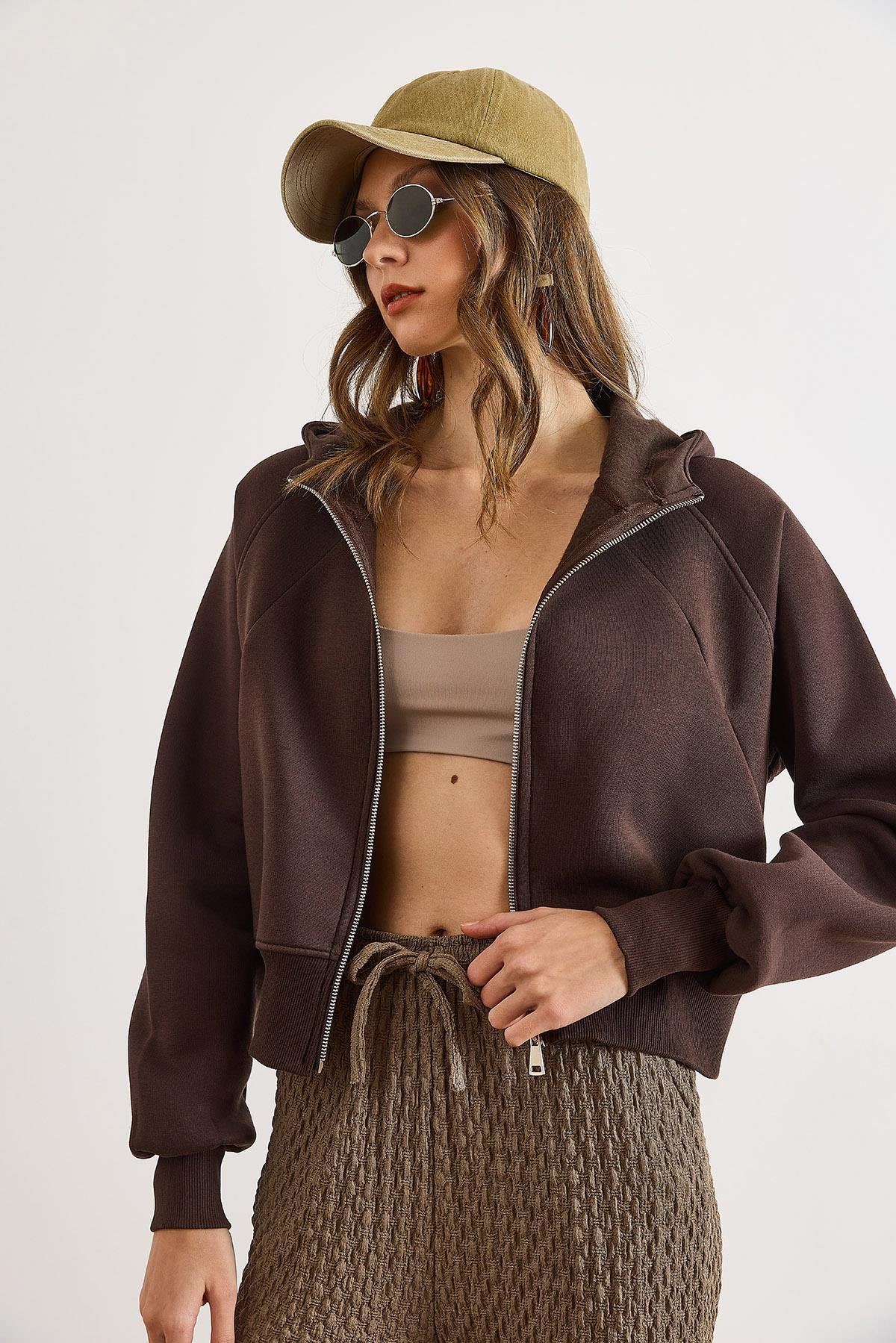 Gizli Cepli Dikiş Detaylı Şardonlu Oversize Sweatshirt Acı Kahve