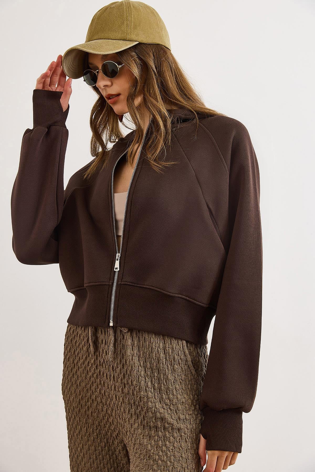 Gizli Cepli Dikiş Detaylı Şardonlu Oversize Sweatshirt Acı Kahve
