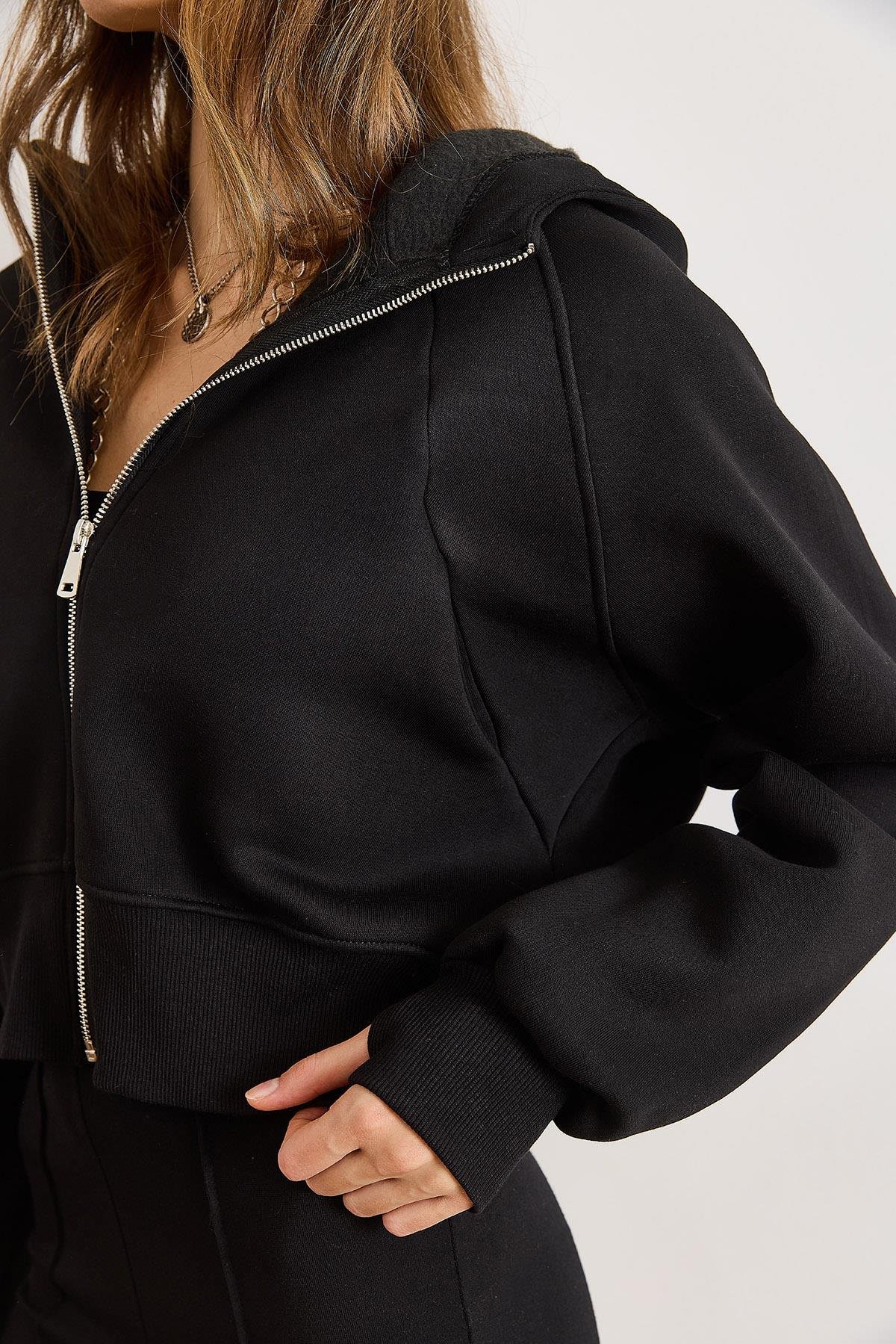 Gizli Cepli Dikiş Detaylı Şardonlu Oversize Sweatshirt Siyah