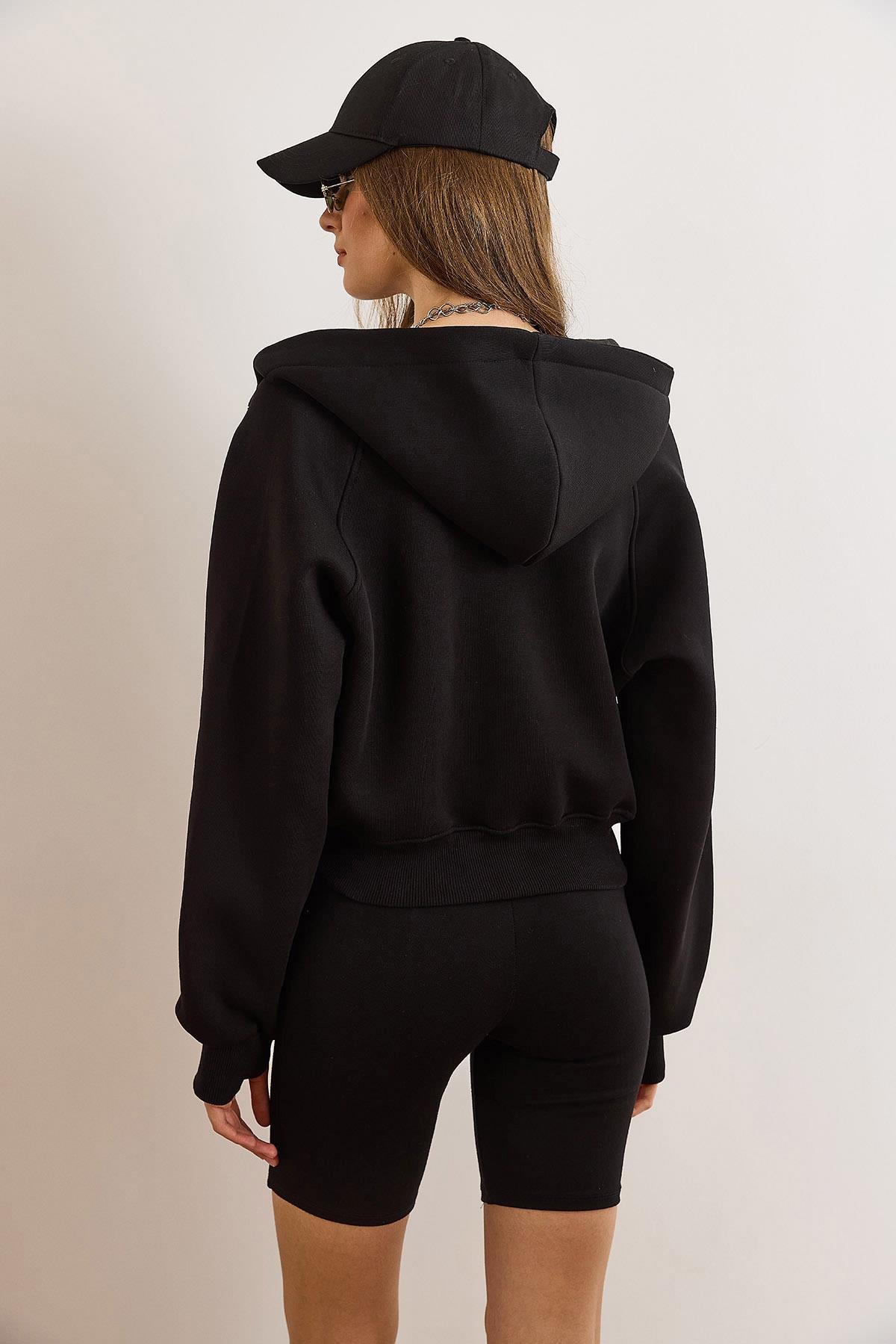 Gizli Cepli Dikiş Detaylı Şardonlu Oversize Sweatshirt Siyah