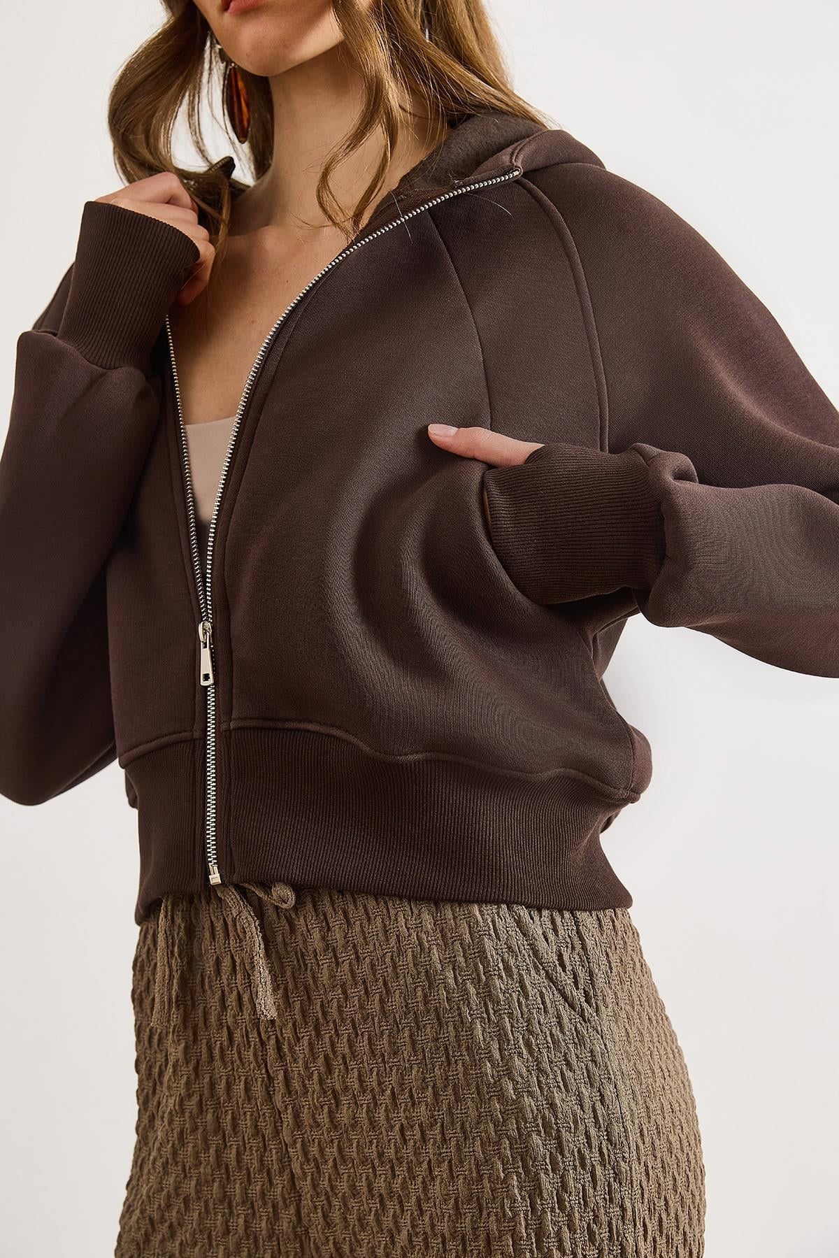 Gizli Cepli Dikiş Detaylı Şardonlu Oversize Sweatshirt Acı Kahve