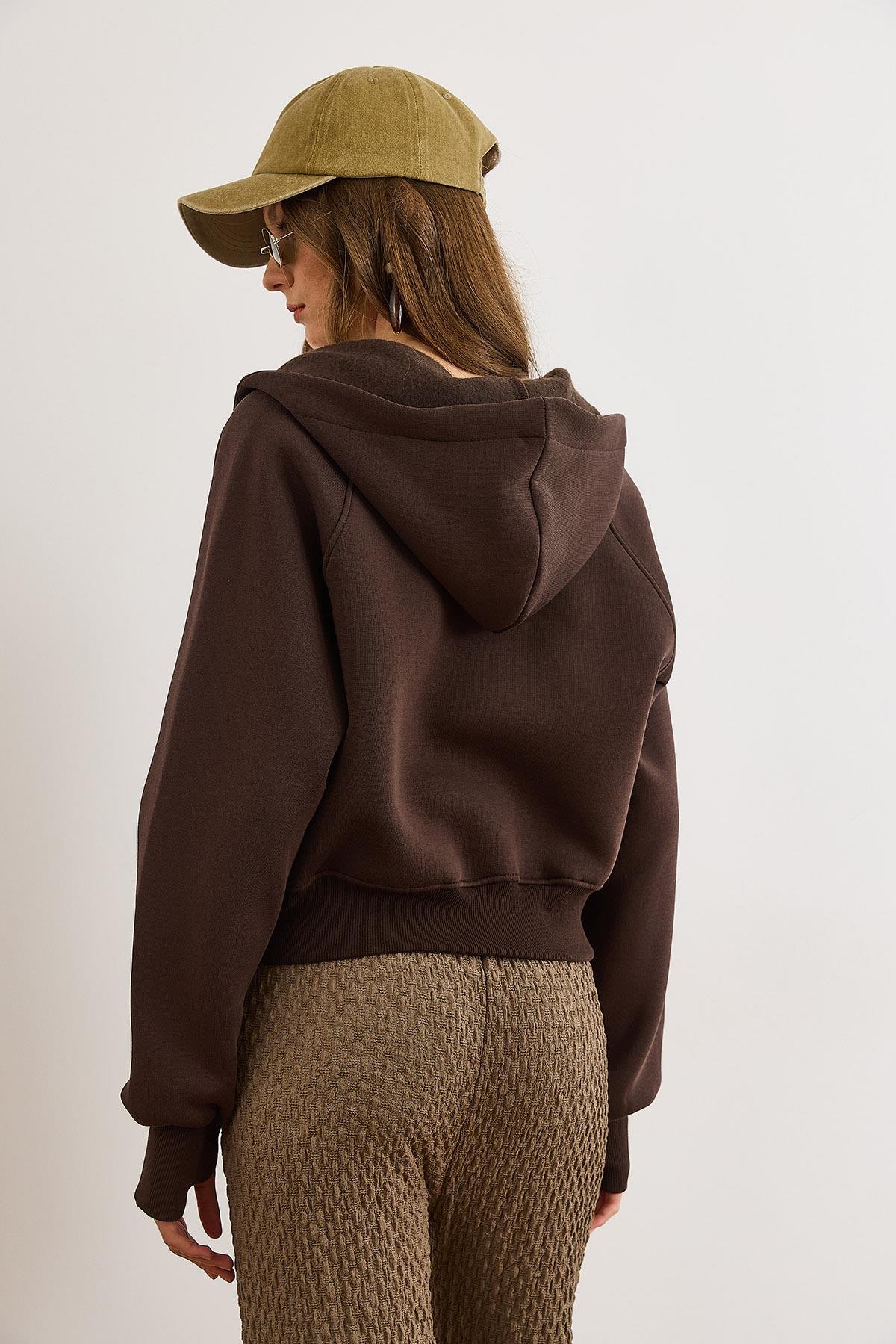 Gizli Cepli Dikiş Detaylı Şardonlu Oversize Sweatshirt Acı Kahve