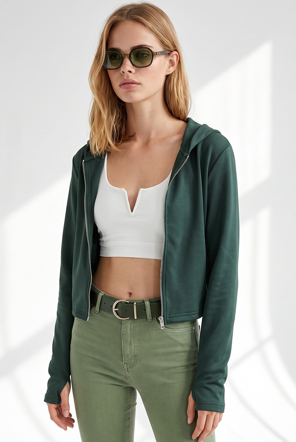 Gizli Cepli Parmak Detaylı Fermuarlı Sweatshirt Zümrüt Yeşili