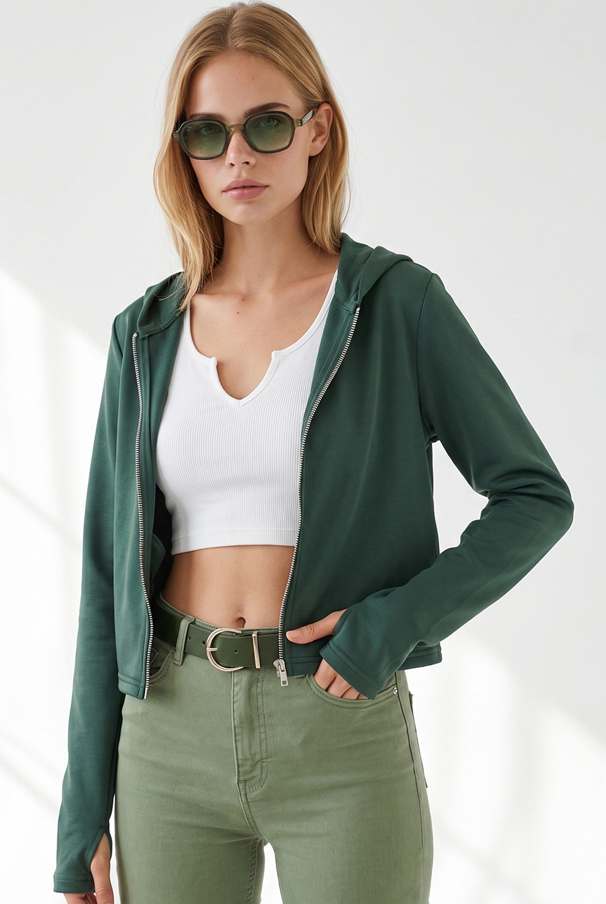 Gizli Cepli Parmak Detaylı Fermuarlı Sweatshirt Zümrüt Yeşili