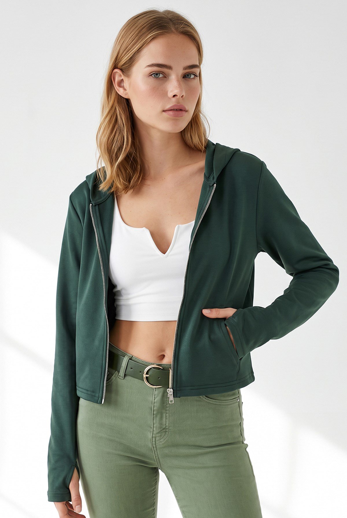 Gizli Cepli Parmak Detaylı Fermuarlı Sweatshirt Zümrüt Yeşili