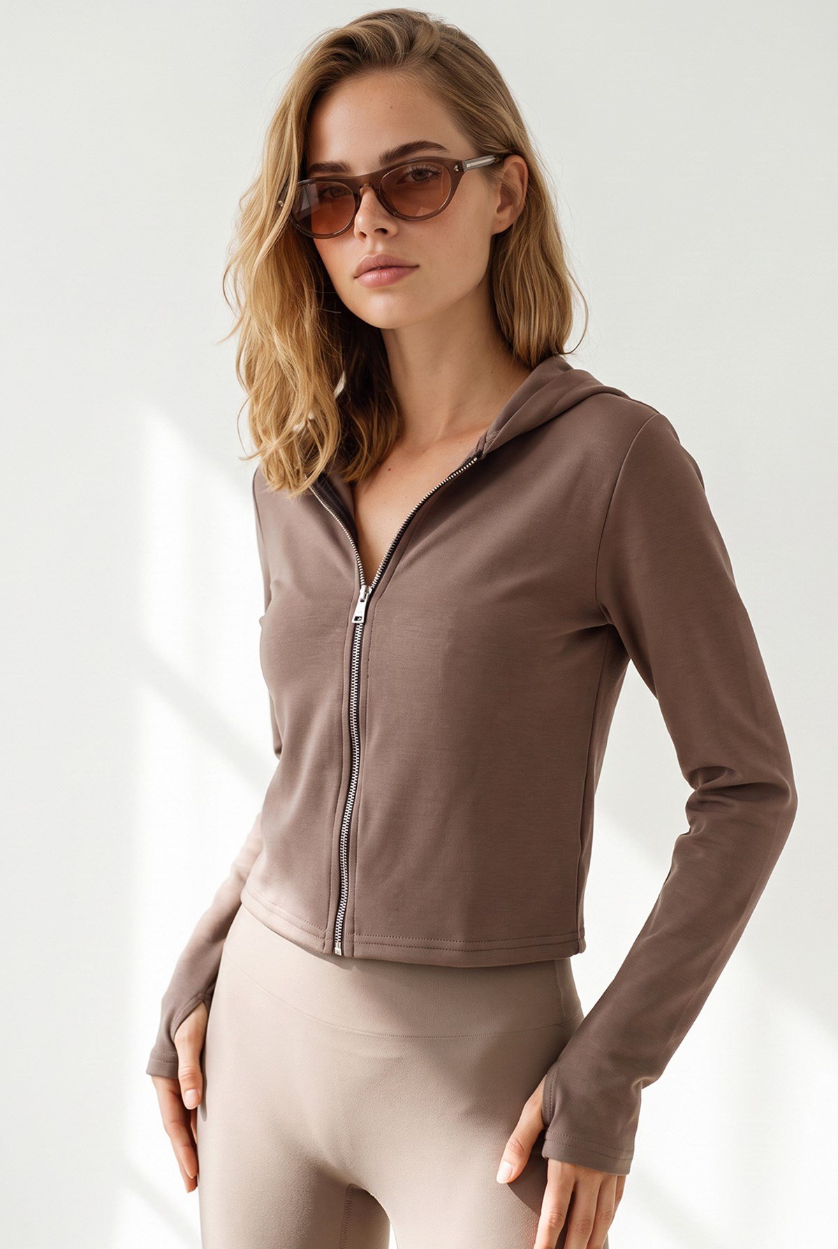 Gizli Cepli Parmak Detaylı Fermuarlı Sweatshirt Vizon