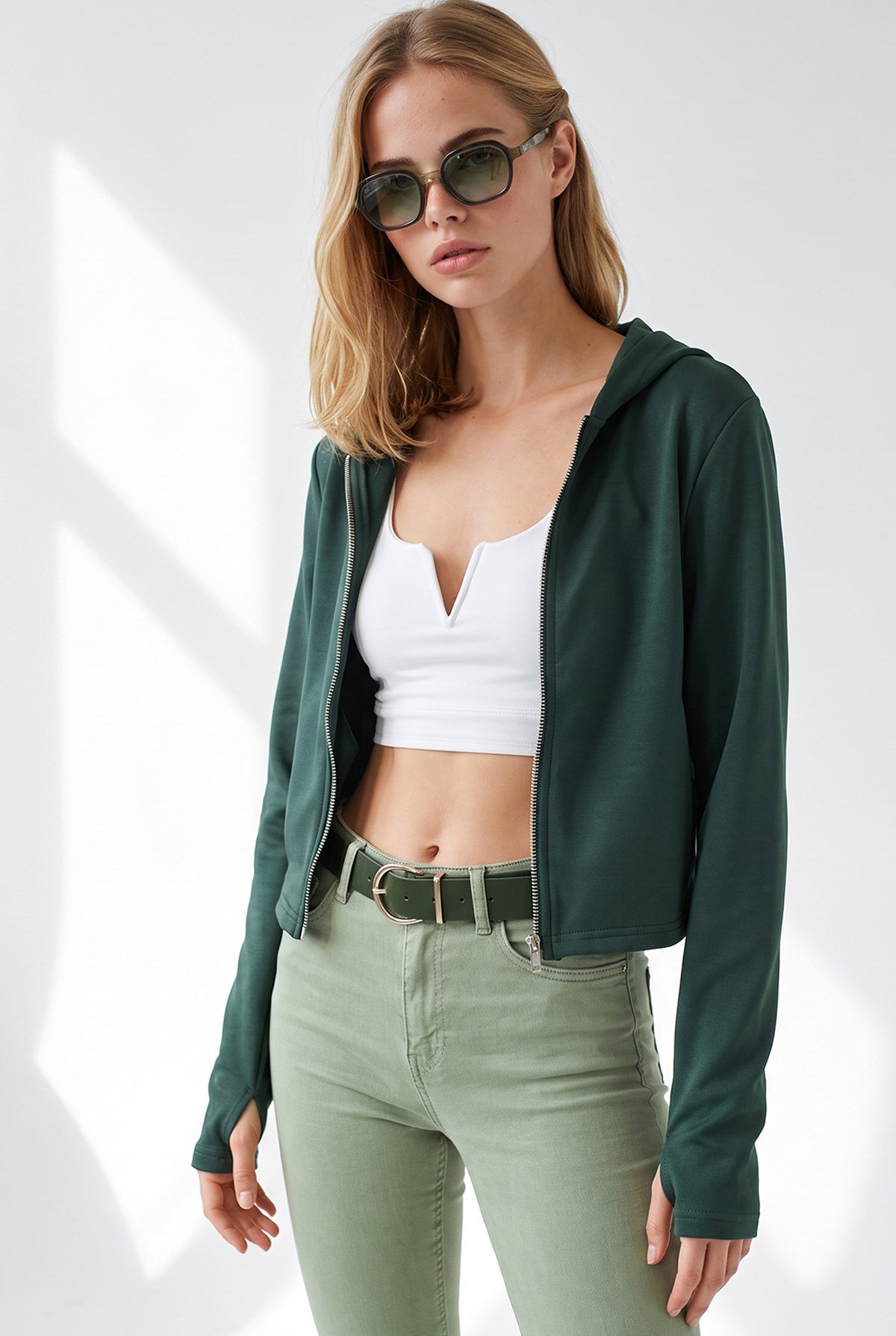 Gizli Cepli Parmak Detaylı Fermuarlı Sweatshirt Zümrüt Yeşili