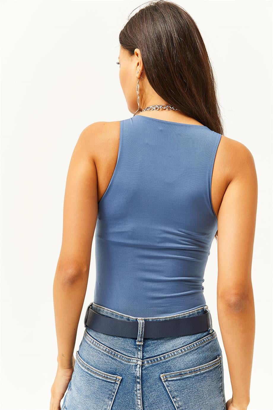 Göğüs Ek Parçalı Altı Çıtçıtlı Bodysuit İndigo