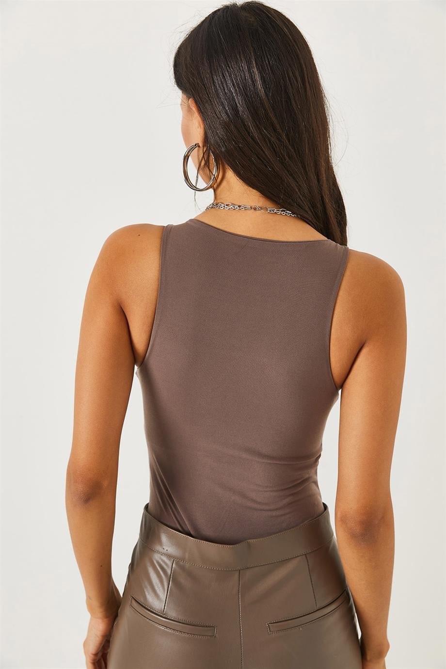 Göğüs Ek Parçalı Altı Çıtçıtlı Bodysuit Vizon