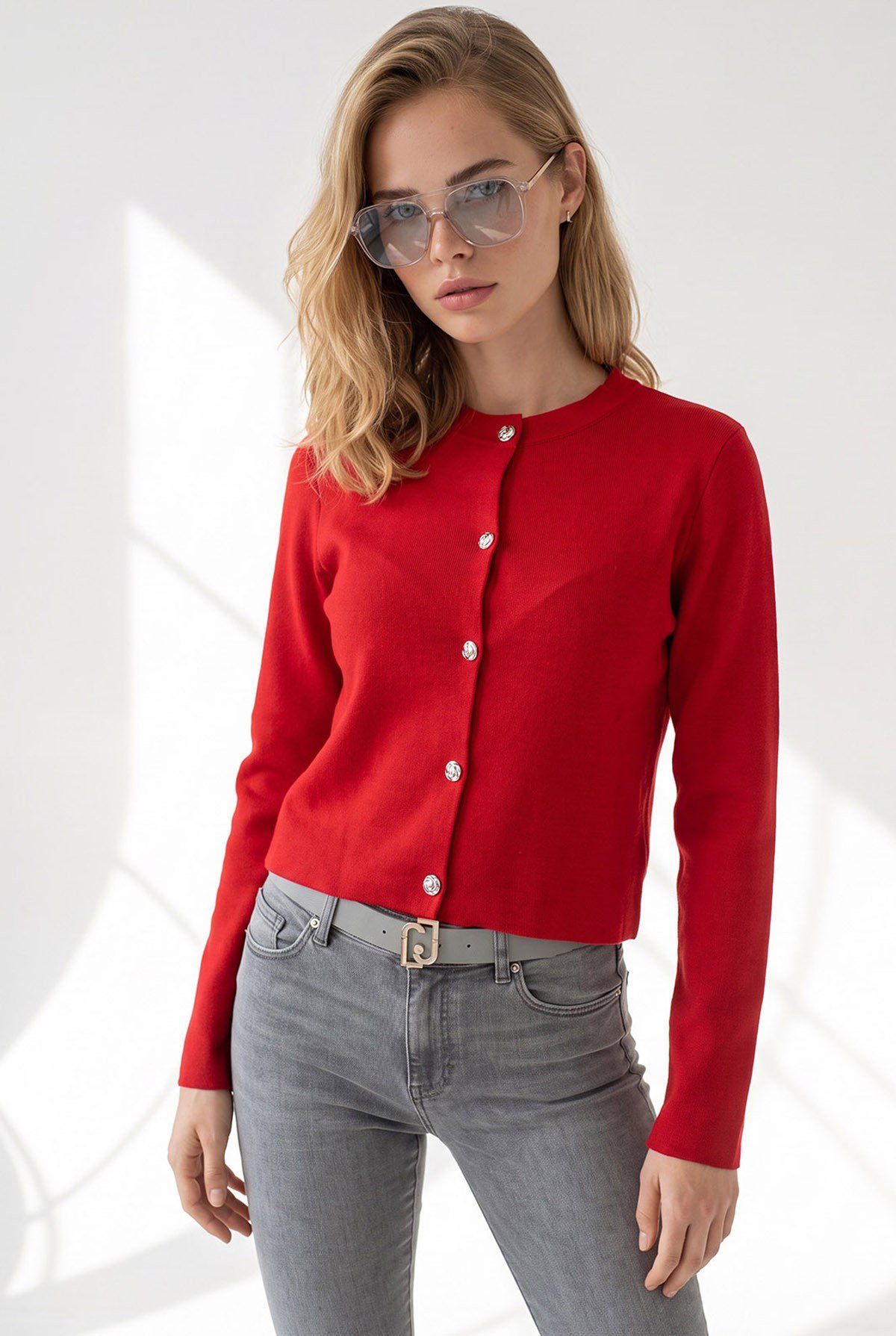 Gold Düğmeli Crop Basic Hırka Kırmızı