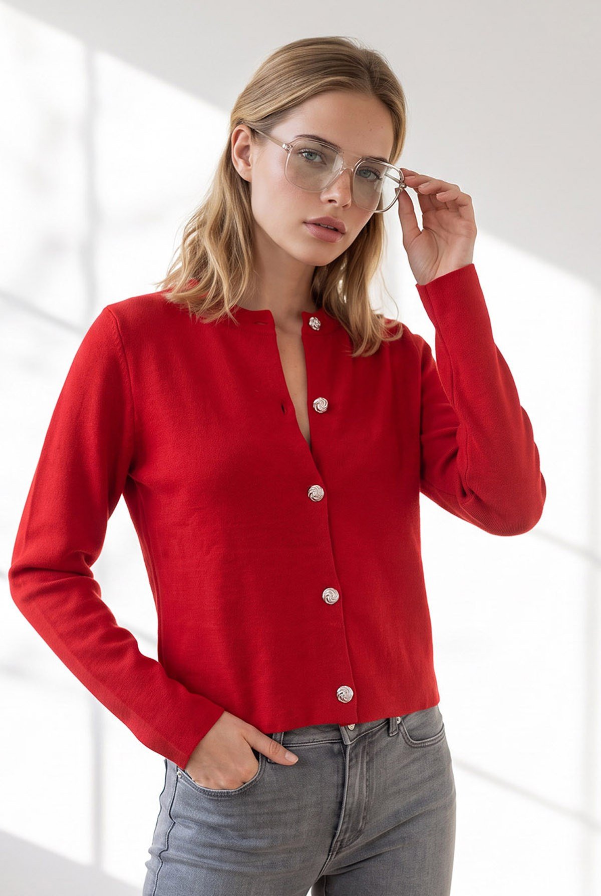 Gold Düğmeli Crop Basic Hırka Kırmızı