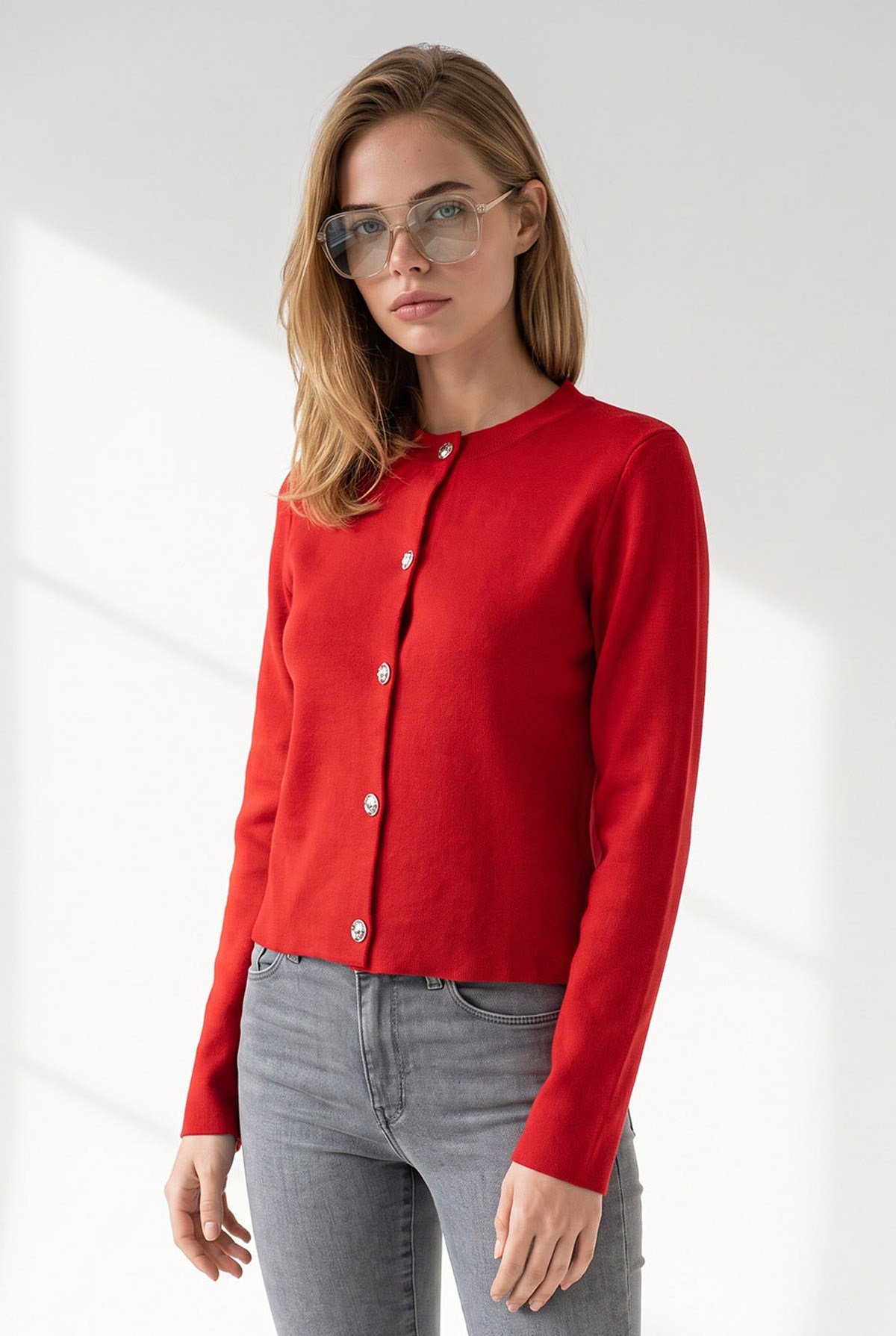 Gold Düğmeli Crop Basic Hırka Kırmızı