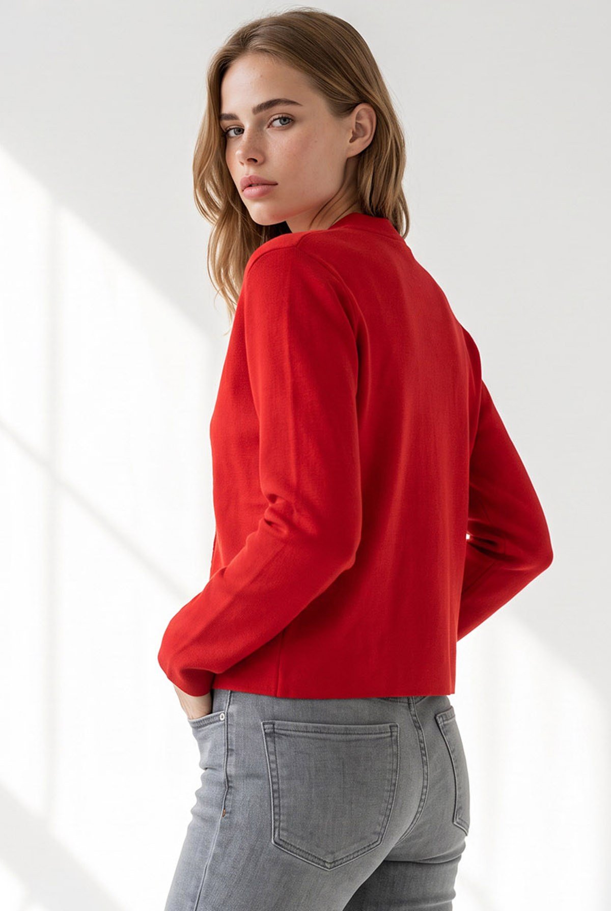 Gold Düğmeli Crop Basic Hırka Kırmızı