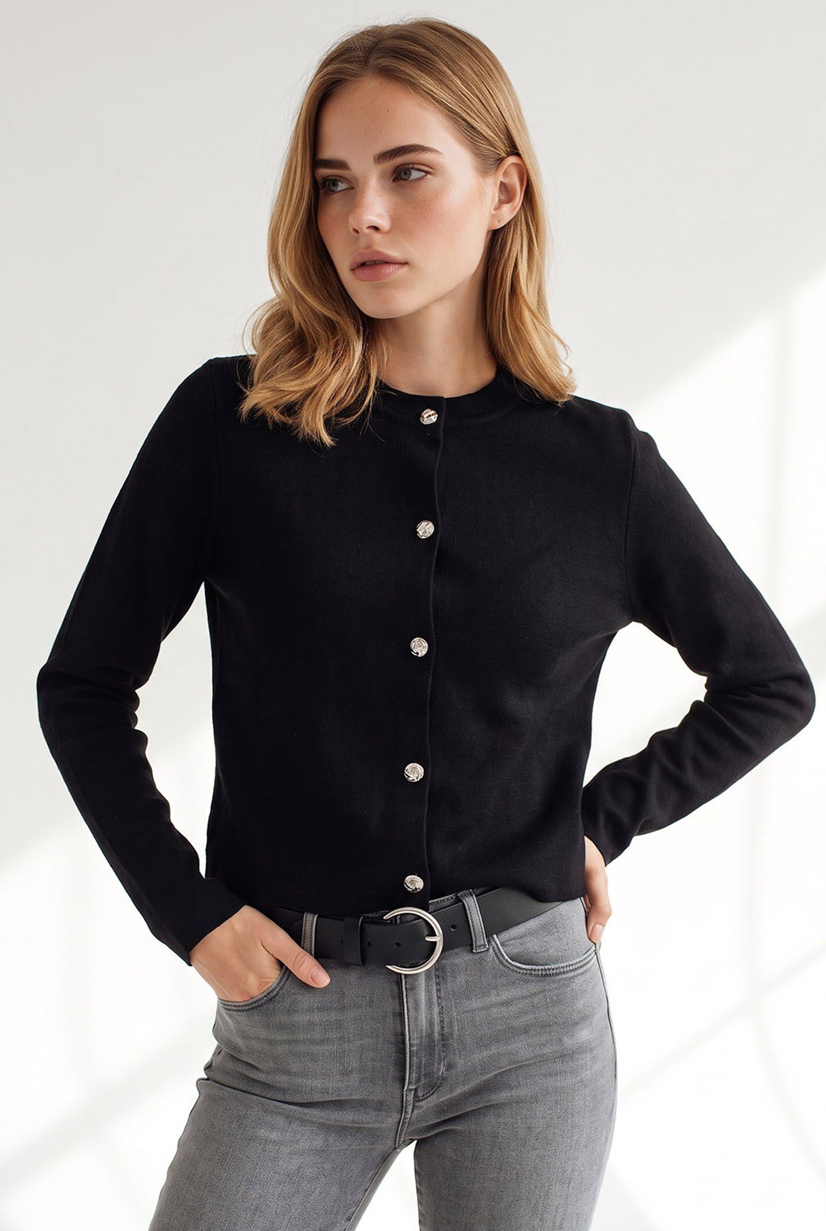 Gold Düğmeli Crop Basic Hırka Siyah
